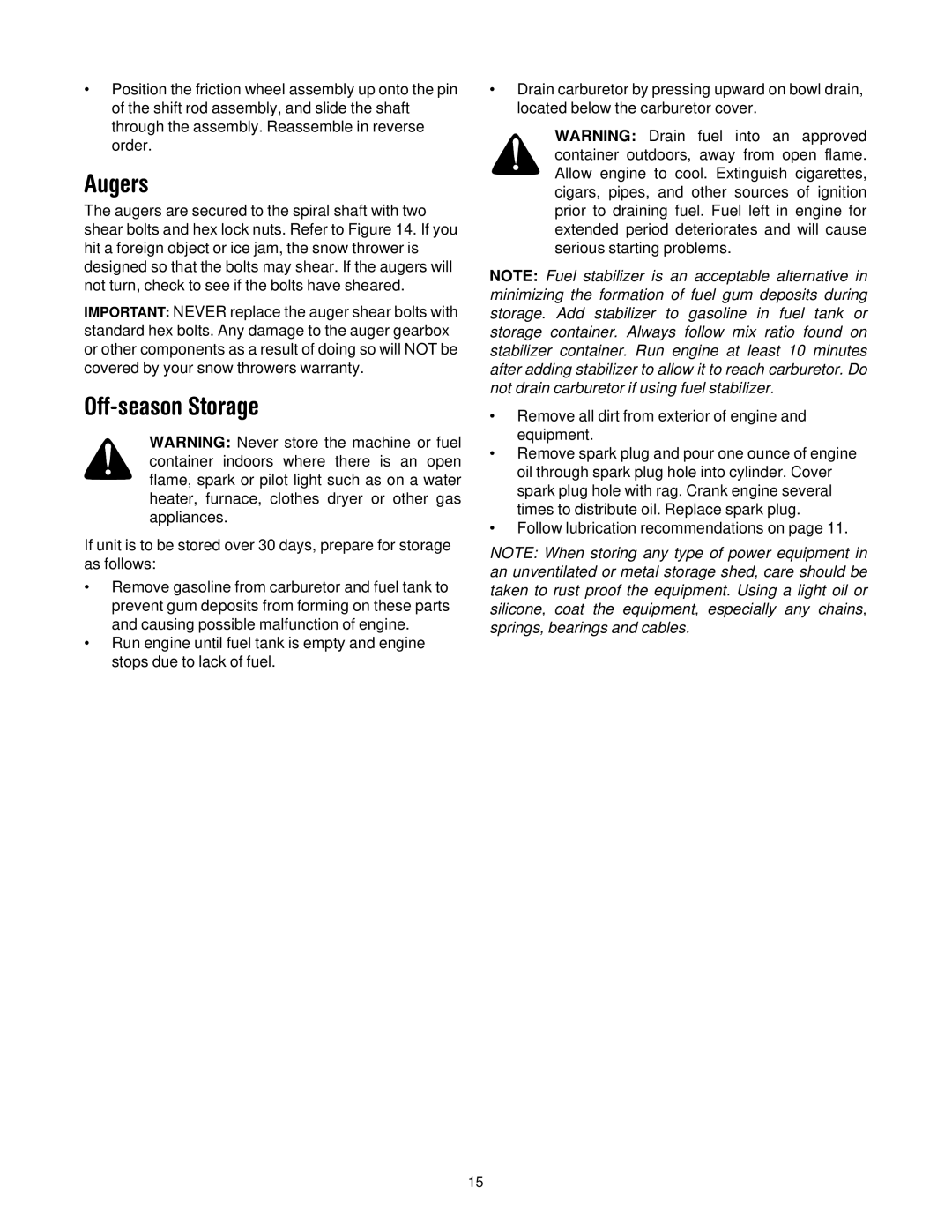 Cub Cadet 522 WE manual Augers, Off-season Storage 