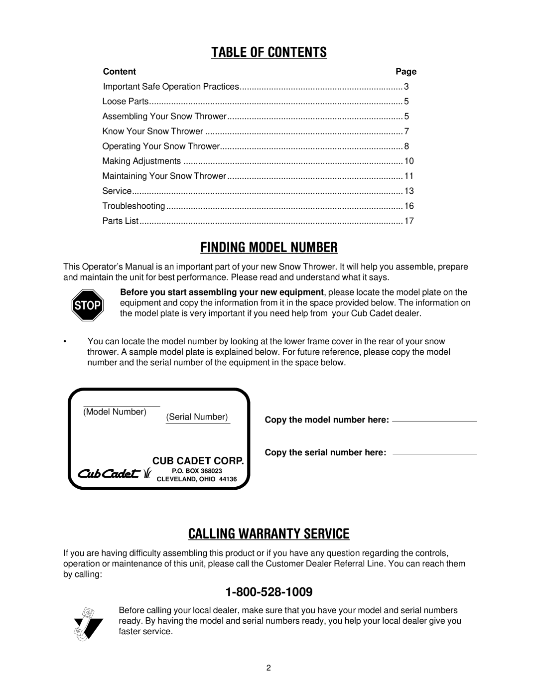 Cub Cadet 522 WE manual Table of Contents 