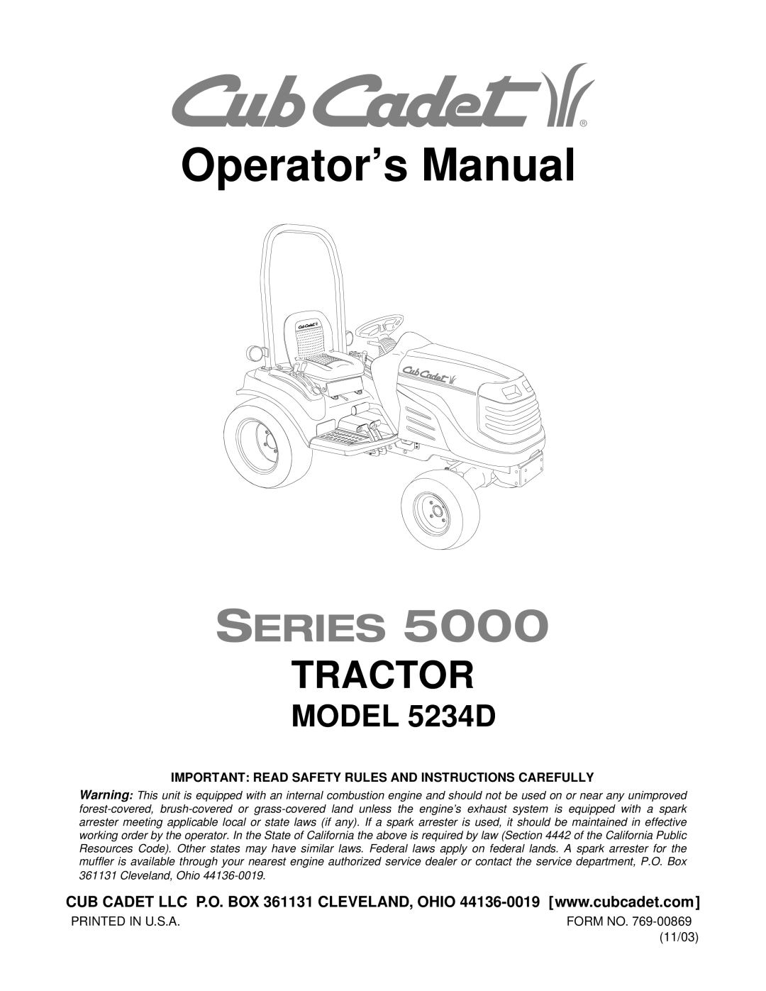 Cub Cadet 5234D manual Operator’s Manual, Important Read Safety Rules and Instructions Carefully 