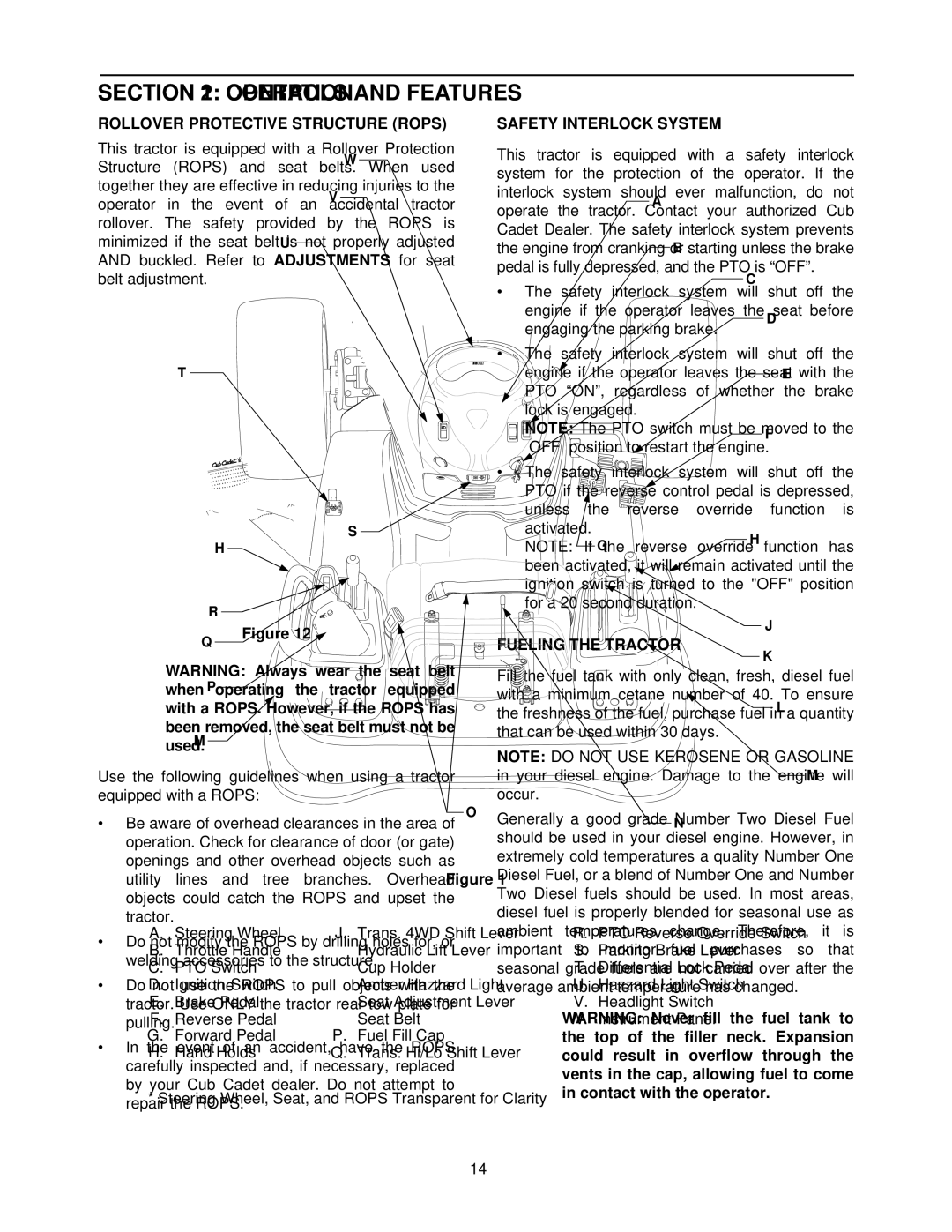 Cub Cadet 5234D manual Operation, Rollover Protective Structure Rops, Safety Interlock System, Fueling the Tractor 