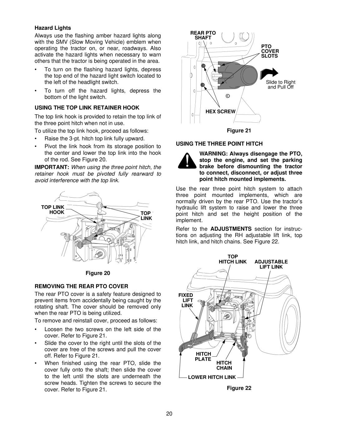 Cub Cadet 5234D Hazard Lights, Using the TOP Link Retainer Hook, Removing the Rear PTO Cover, Using the Three Point Hitch 