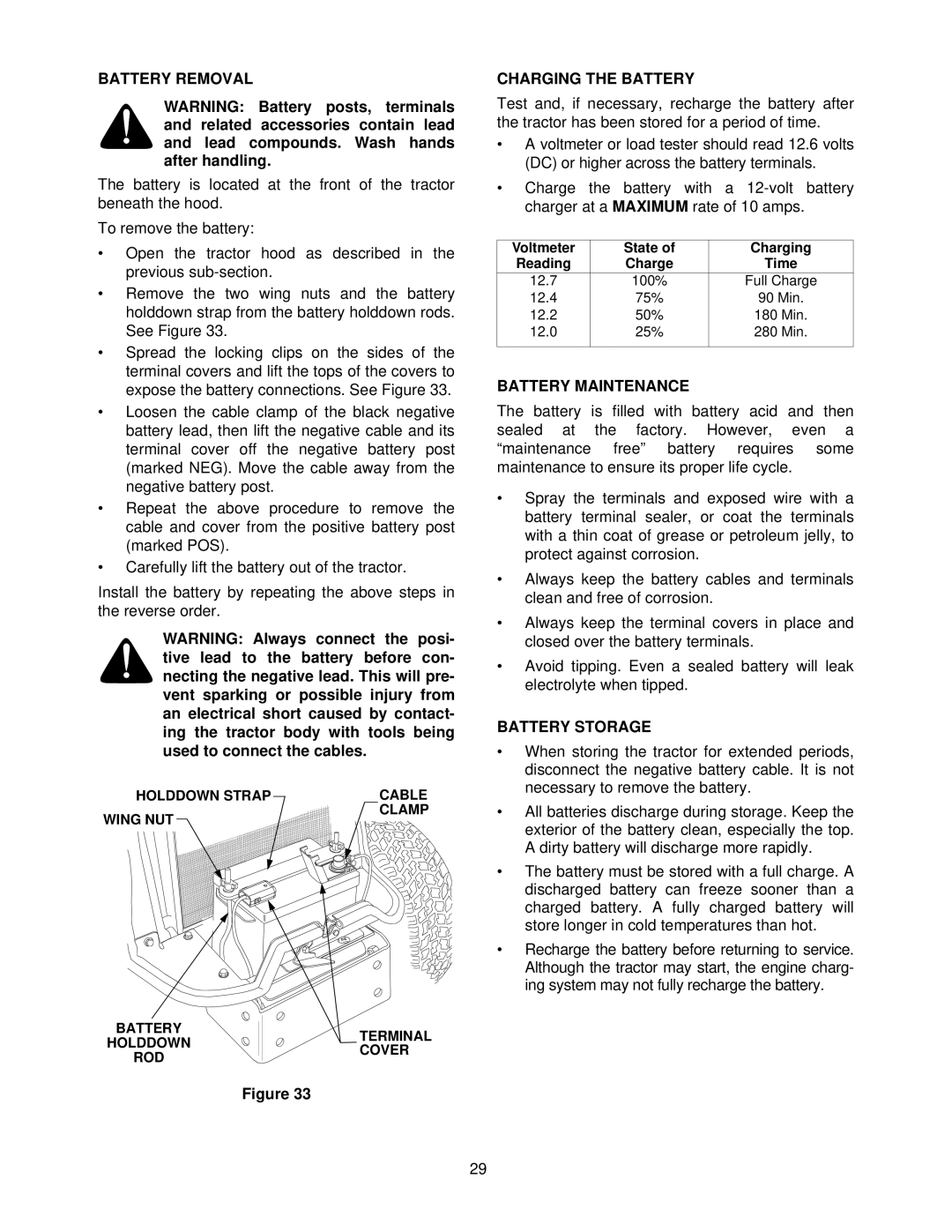 Cub Cadet 5234D manual Battery Removal, Charging the Battery, Battery Maintenance, Battery Storage 