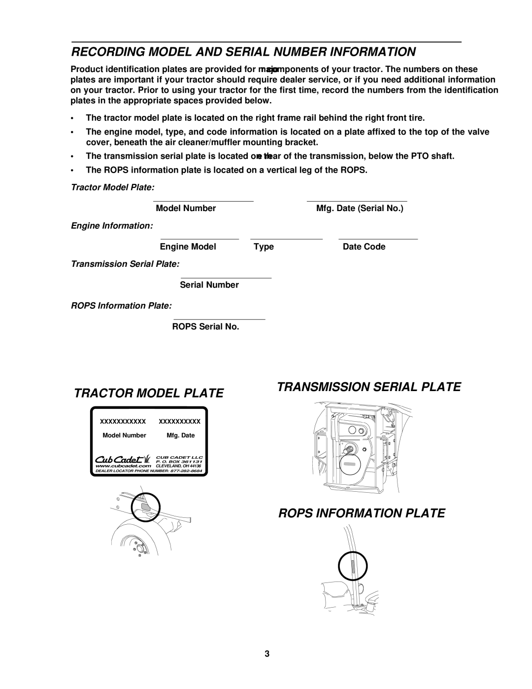 Cub Cadet 5234D manual Recording Model and Serial Number Information, Rops Information Plate 