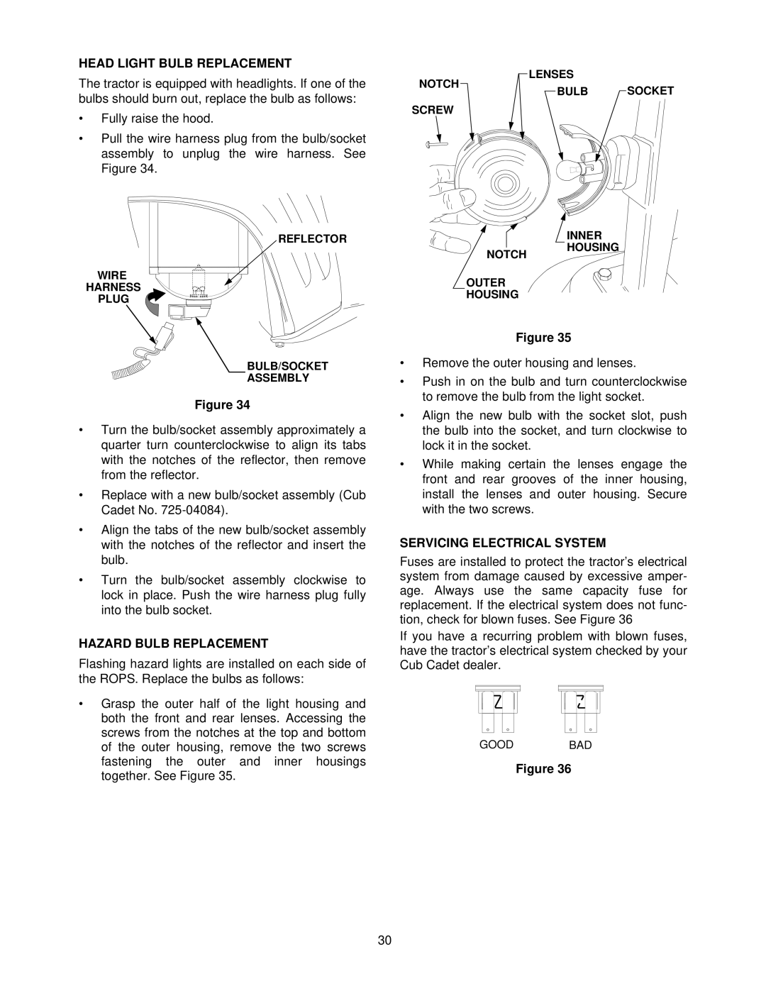 Cub Cadet 5234D manual Head Light Bulb Replacement, Hazard Bulb Replacement, Servicing Electrical System 