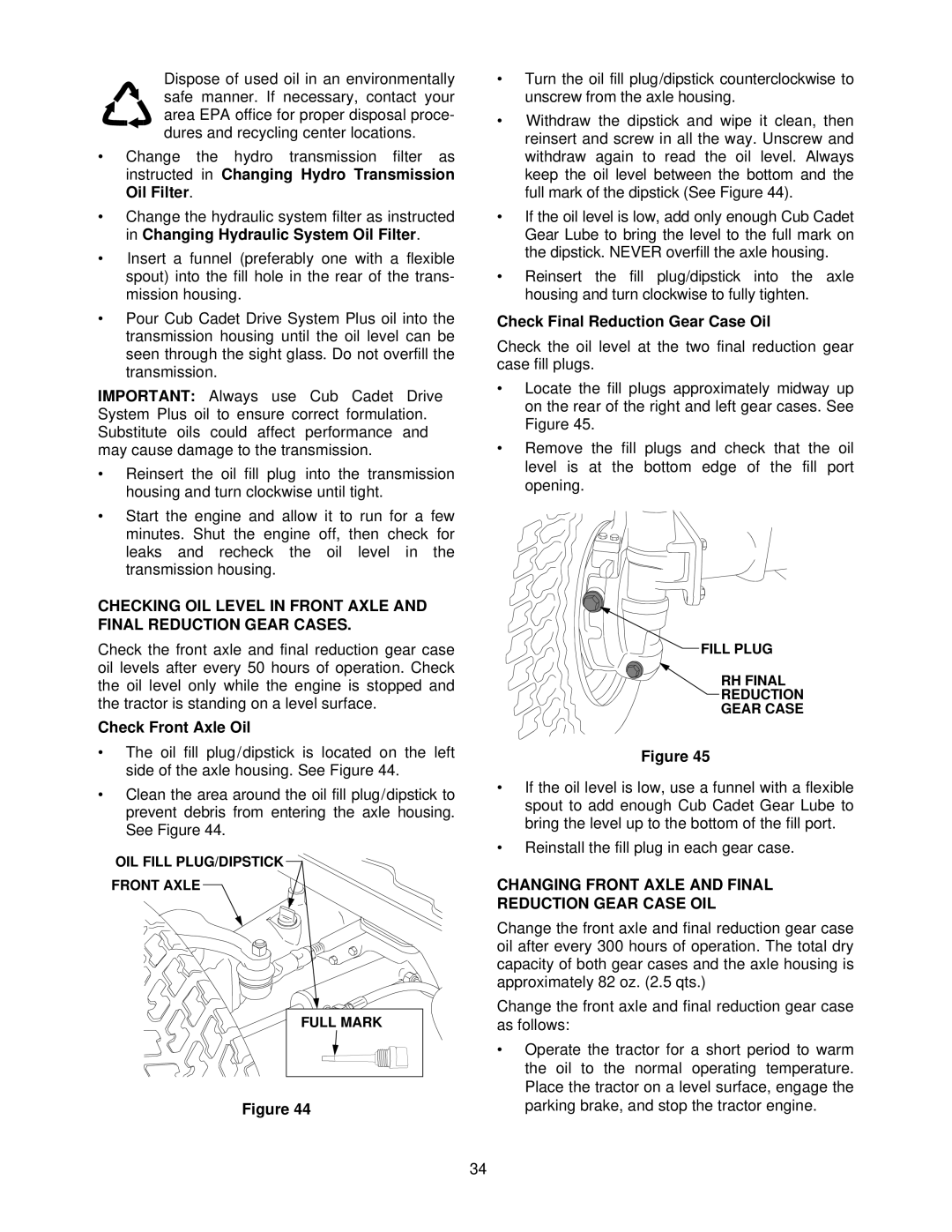 Cub Cadet 5234D manual Check Front Axle Oil, Check Final Reduction Gear Case Oil 