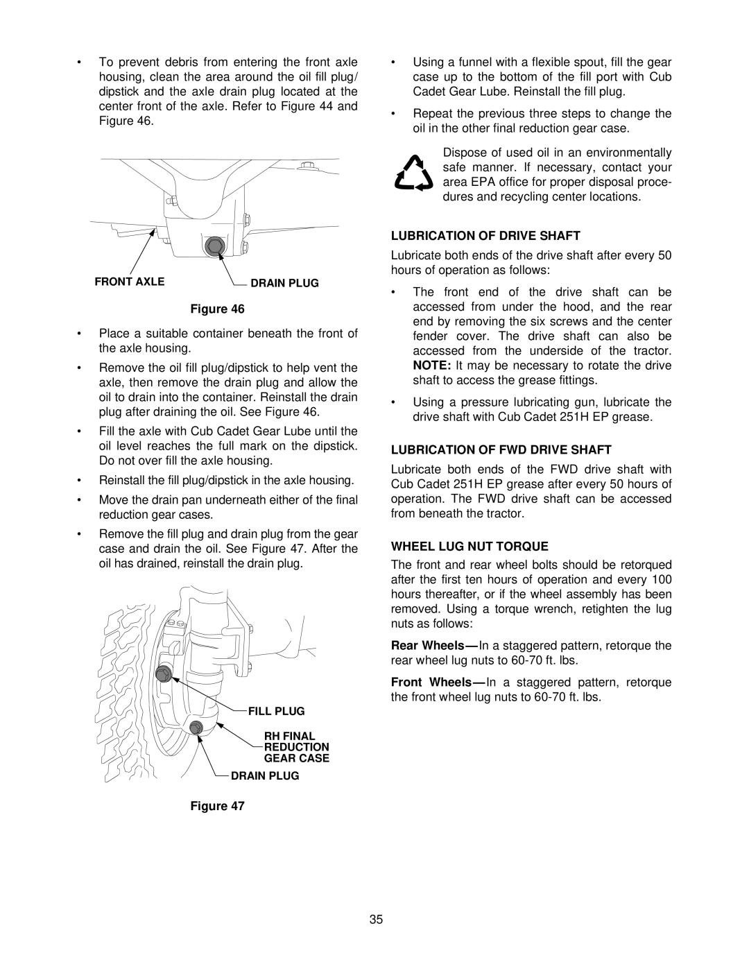 Cub Cadet 5234D manual Lubrication of Drive Shaft, Lubrication of FWD Drive Shaft, Wheel LUG NUT Torque 