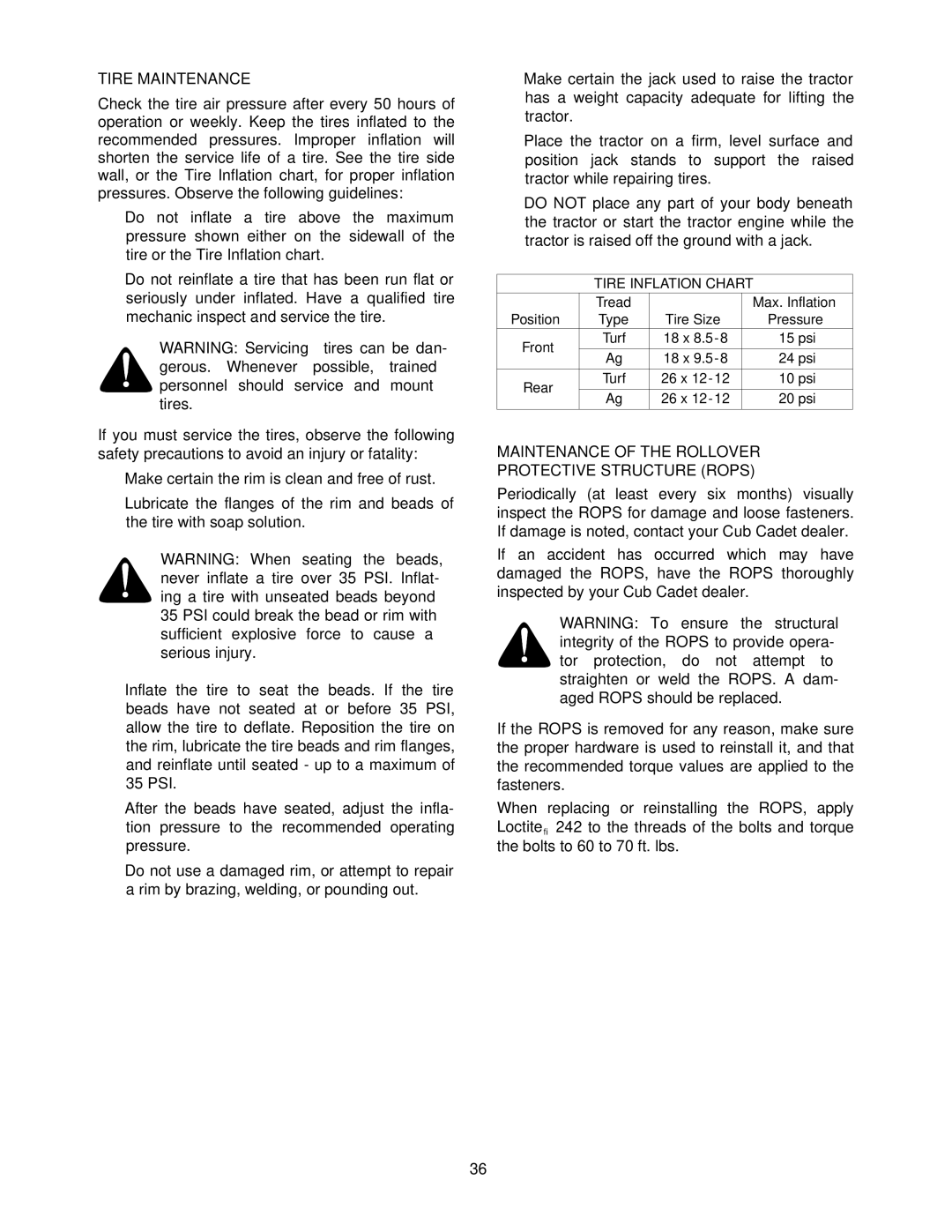 Cub Cadet 5234D manual Tire Maintenance, Maintenance of the Rollover Protective Structure Rops 