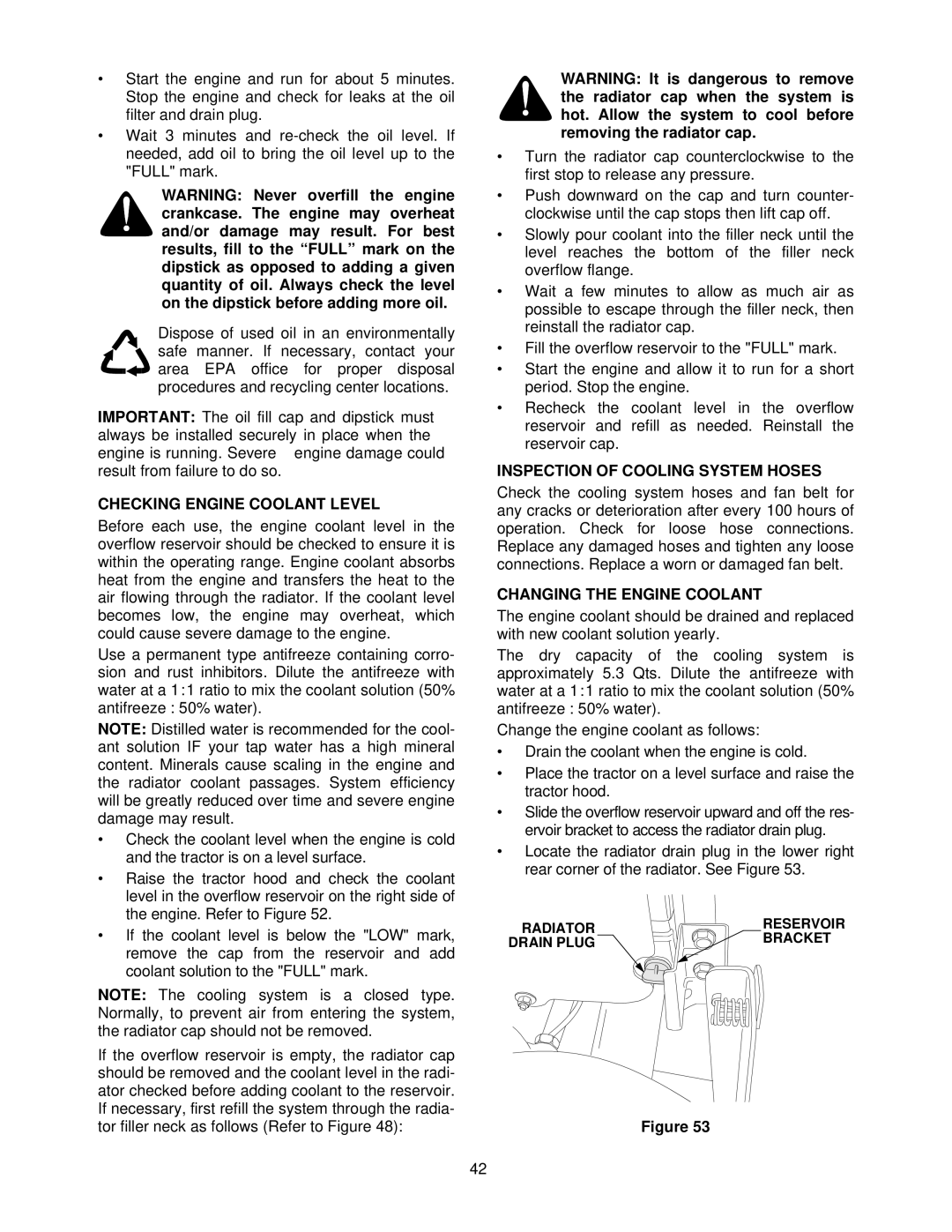 Cub Cadet 5234D manual Checking Engine Coolant Level, Inspection of Cooling System Hoses, Changing the Engine Coolant 