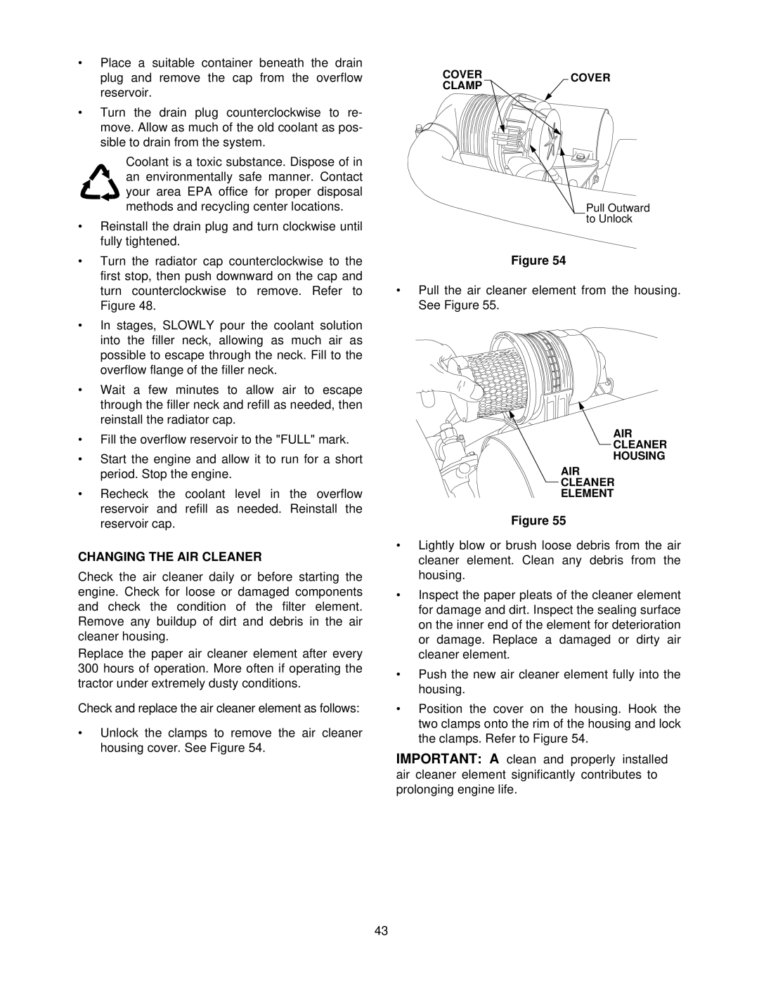 Cub Cadet 5234D manual Changing the AIR Cleaner 