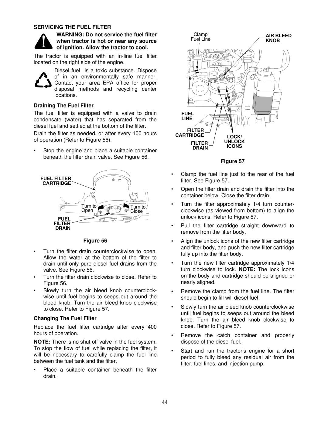 Cub Cadet 5234D manual Servicing the Fuel Filter, Draining The Fuel Filter, Changing The Fuel Filter 