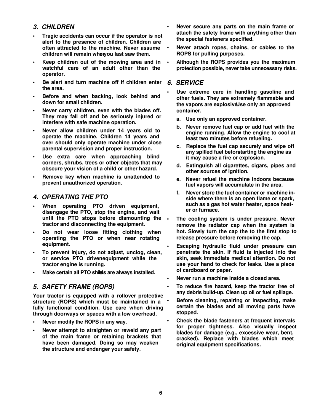 Cub Cadet 5234D manual Children, Operating the PTO, Safety Frame Rops, Service 