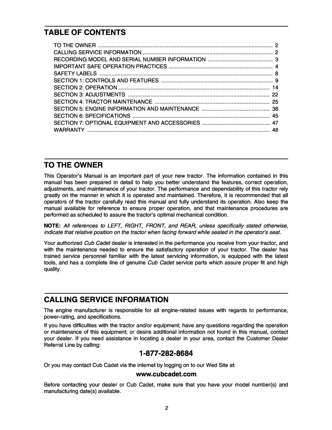 Cub Cadet 5254 manual Table Of Contents, To The Owner, Calling Service Information 