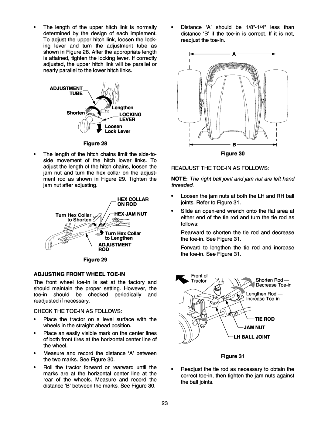 Cub Cadet 5254 manual Adjusting Front Wheel Toe-In, NOTE The right ball joint and jam nut are left hand threaded 