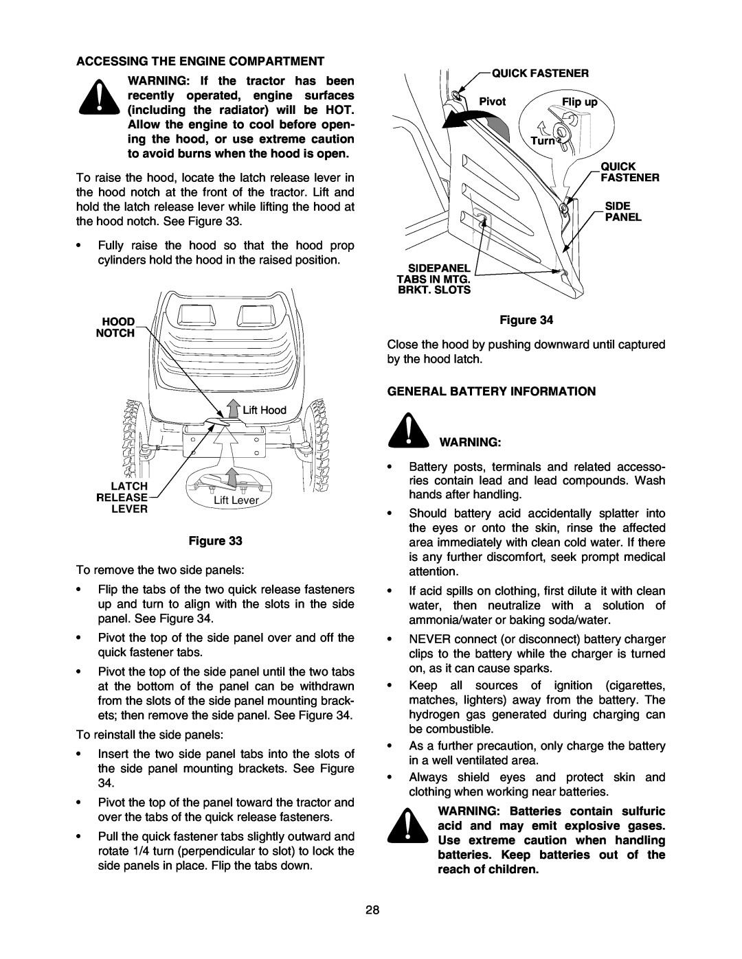 Cub Cadet 5254 manual Accessing The Engine Compartment, General Battery Information 