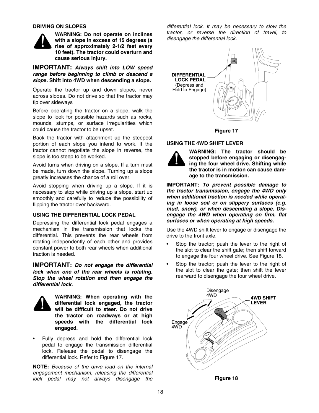 Cub Cadet 5264D manual Driving on Slopes, Using the Differential Lock Pedal, Using the 4WD Shift Lever 