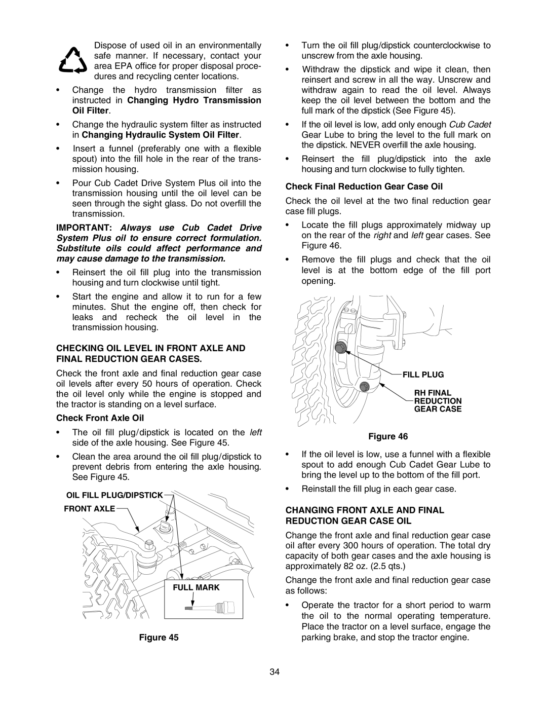 Cub Cadet 5264D manual Check Front Axle Oil, Check Final Reduction Gear Case Oil 