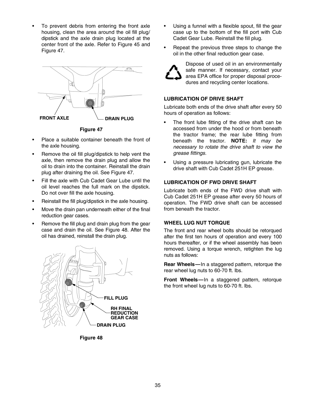 Cub Cadet 5264D manual Lubrication of Drive Shaft, Lubrication of FWD Drive Shaft, Wheel LUG NUT Torque 