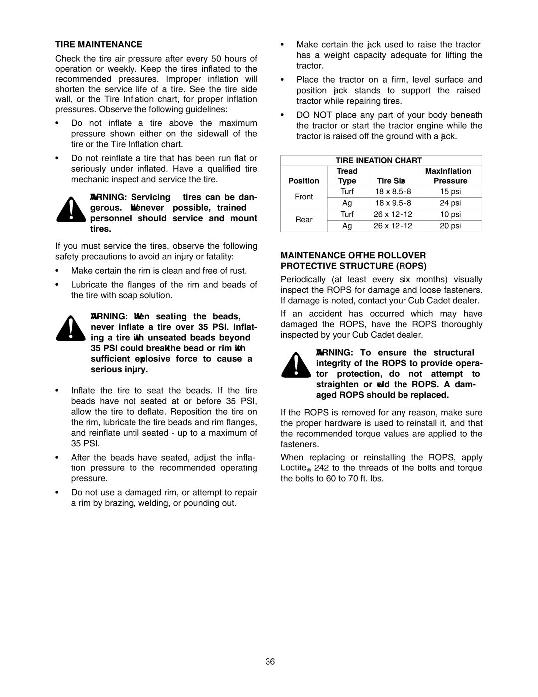 Cub Cadet 5264D manual Tire Maintenance, Maintenance of the Rollover Protective Structure Rops 