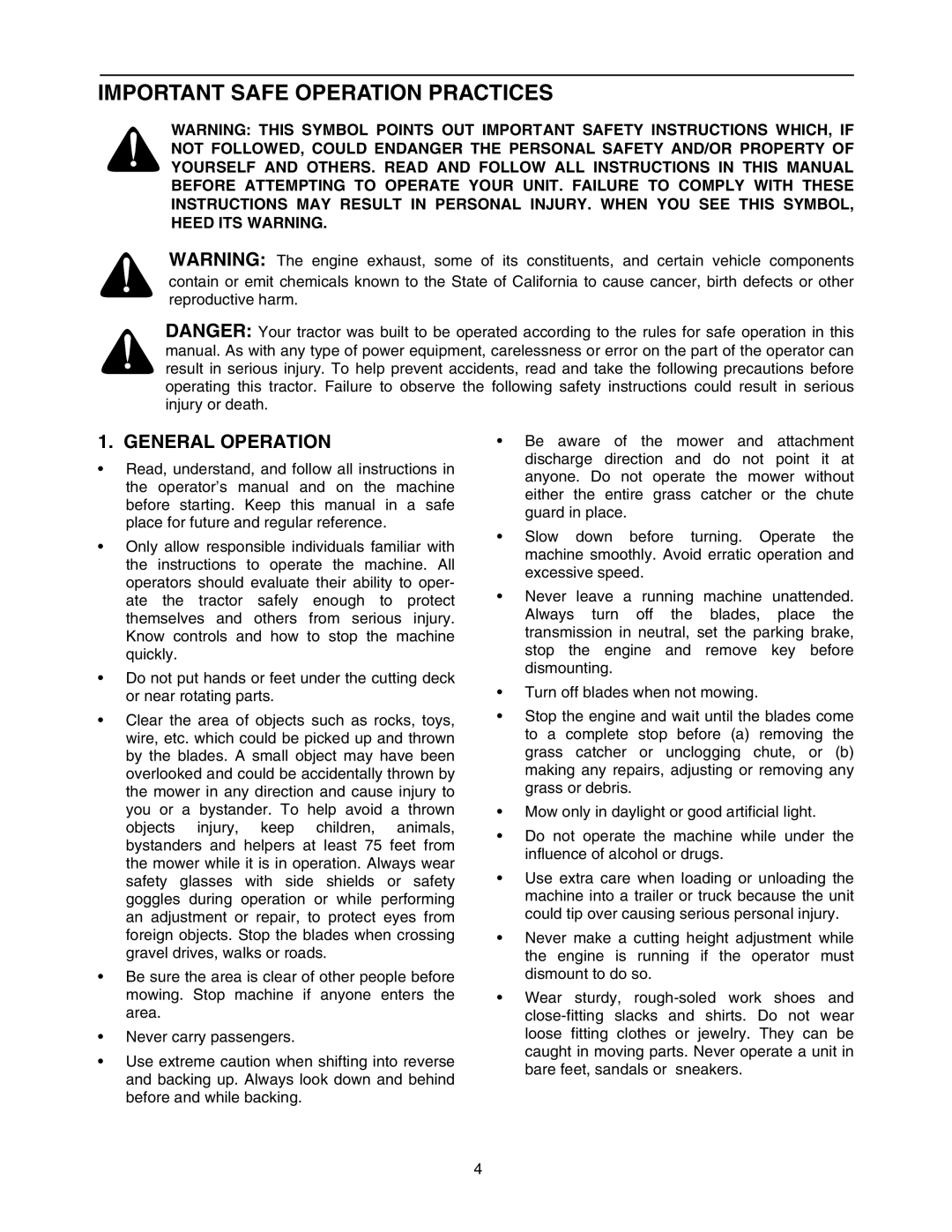 Cub Cadet 5264D manual Important Safe Operation Practices, General Operation 