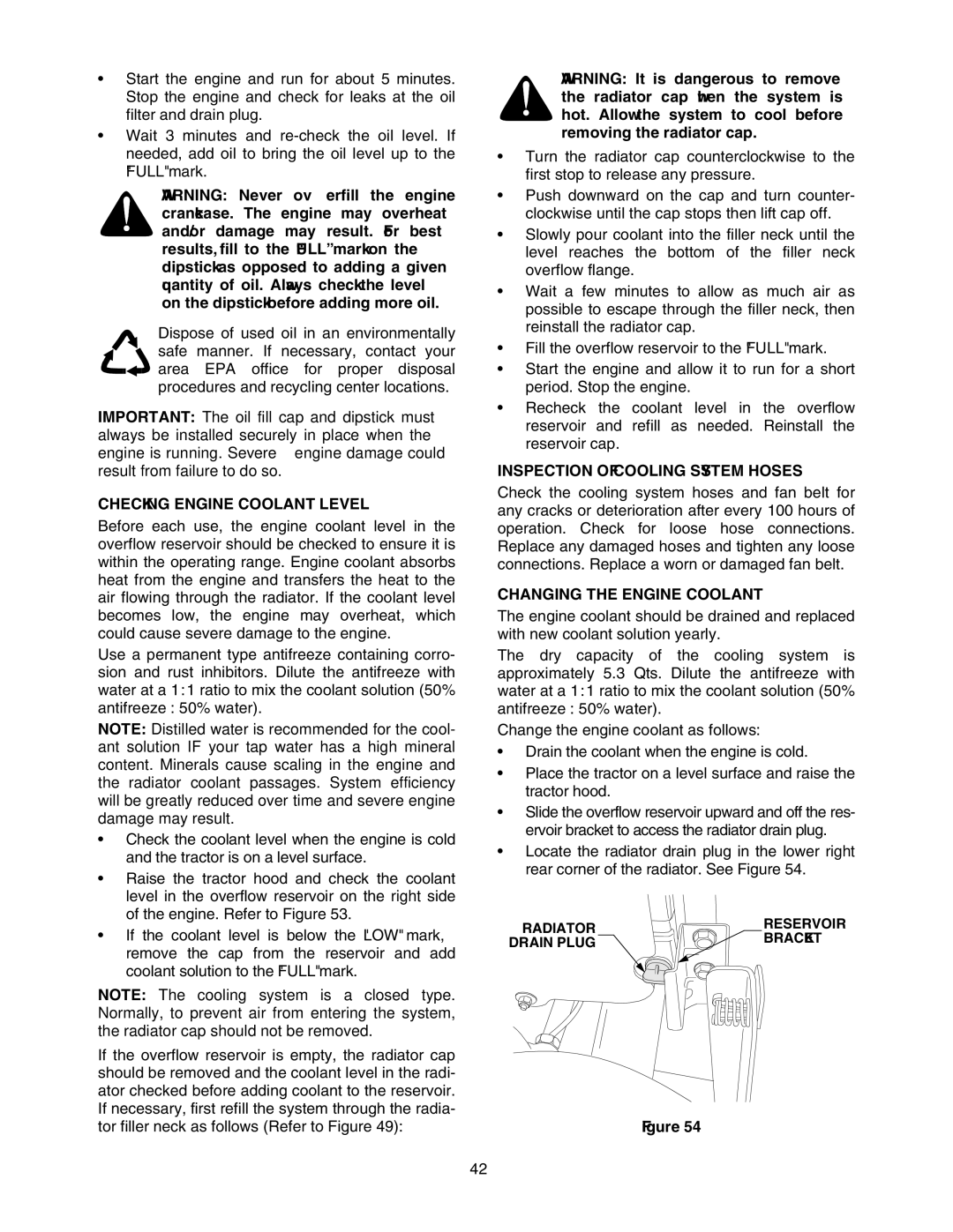 Cub Cadet 5264D manual Checking Engine Coolant Level, Inspection of Cooling System Hoses, Changing the Engine Coolant 