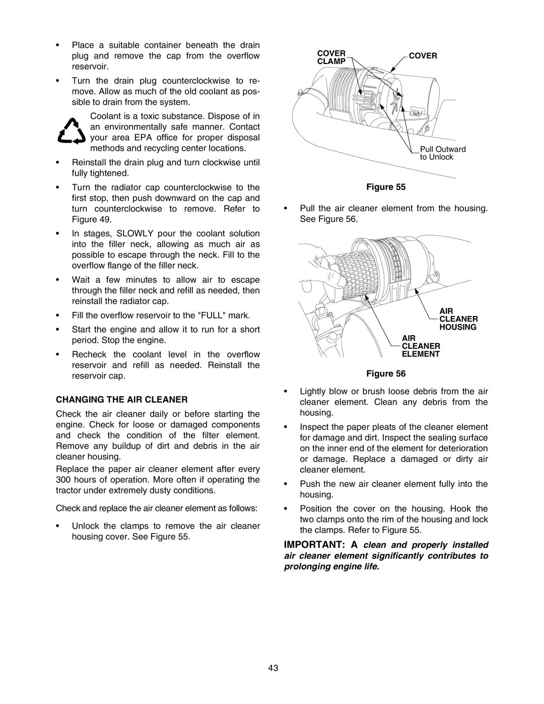 Cub Cadet 5264D manual Changing the AIR Cleaner 