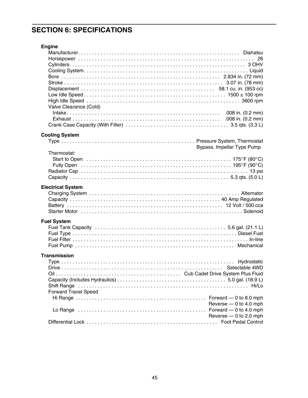 Cub Cadet 5264D manual Specifications 