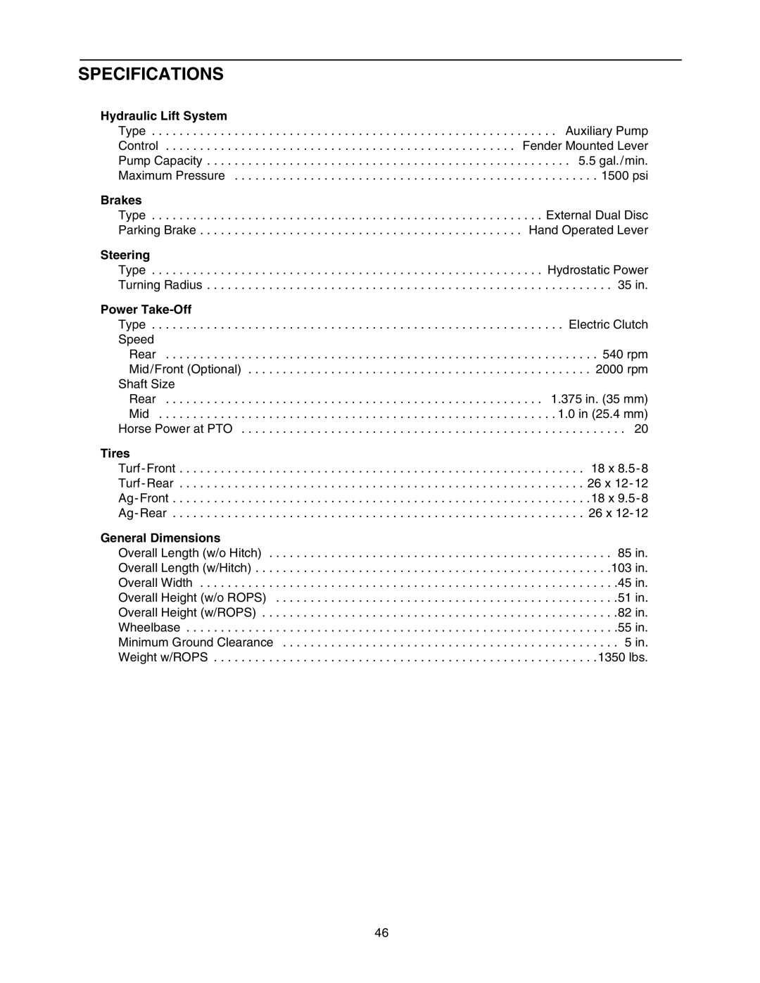 Cub Cadet 5264D manual Hydraulic Lift System, Brakes, Steering, Power Take-Off, Tires, General Dimensions 