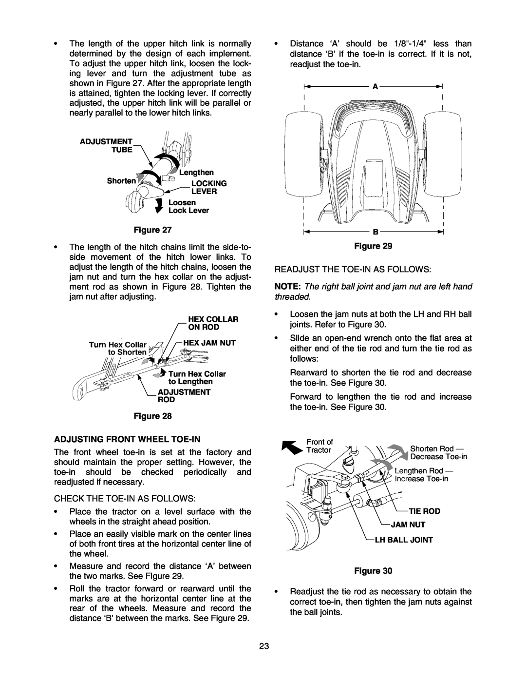 Cub Cadet 5264D manual Adjusting Front Wheel Toe-In, NOTE The right ball joint and jam nut are left hand threaded 