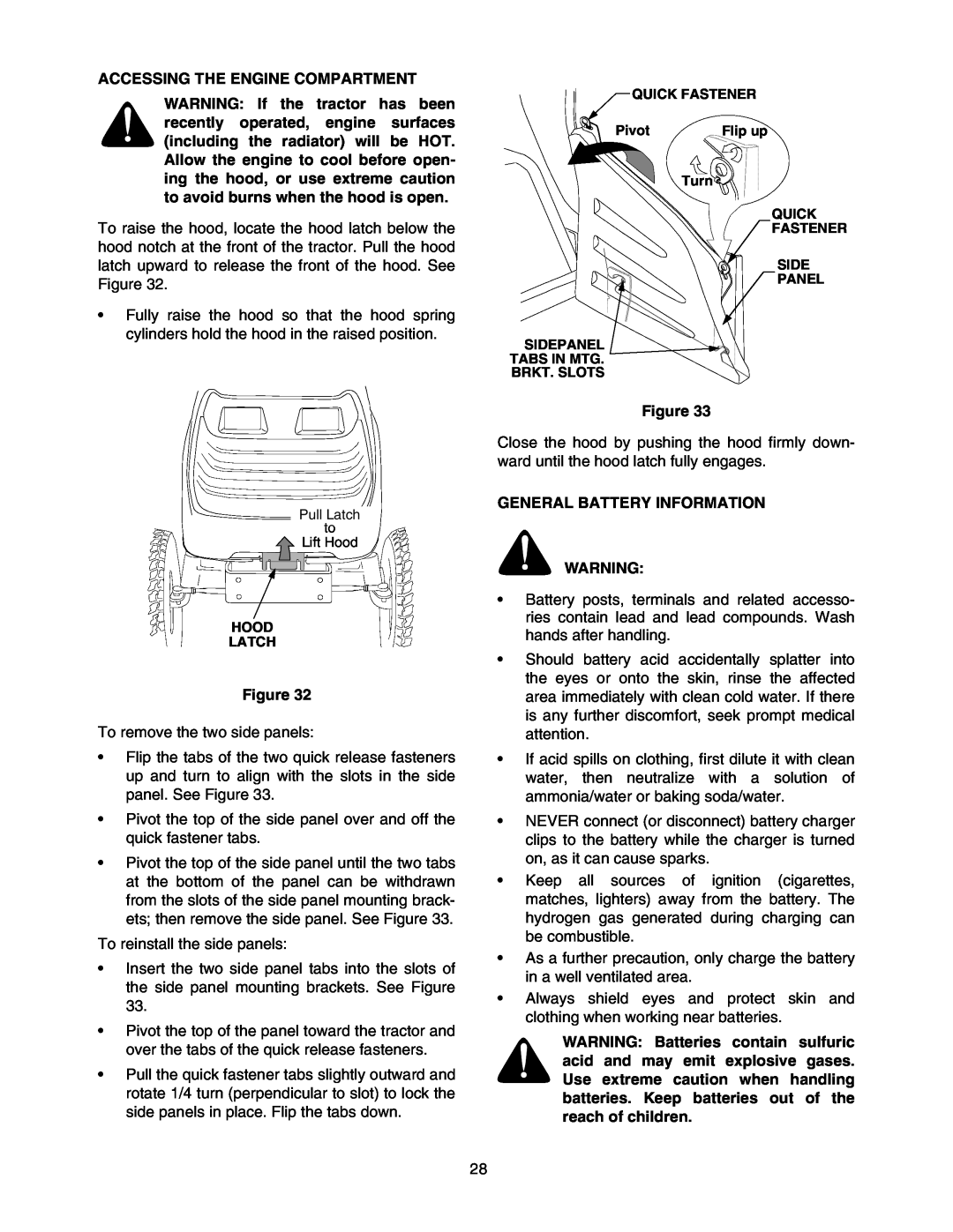 Cub Cadet 5264D manual Accessing The Engine Compartment, General Battery Information 