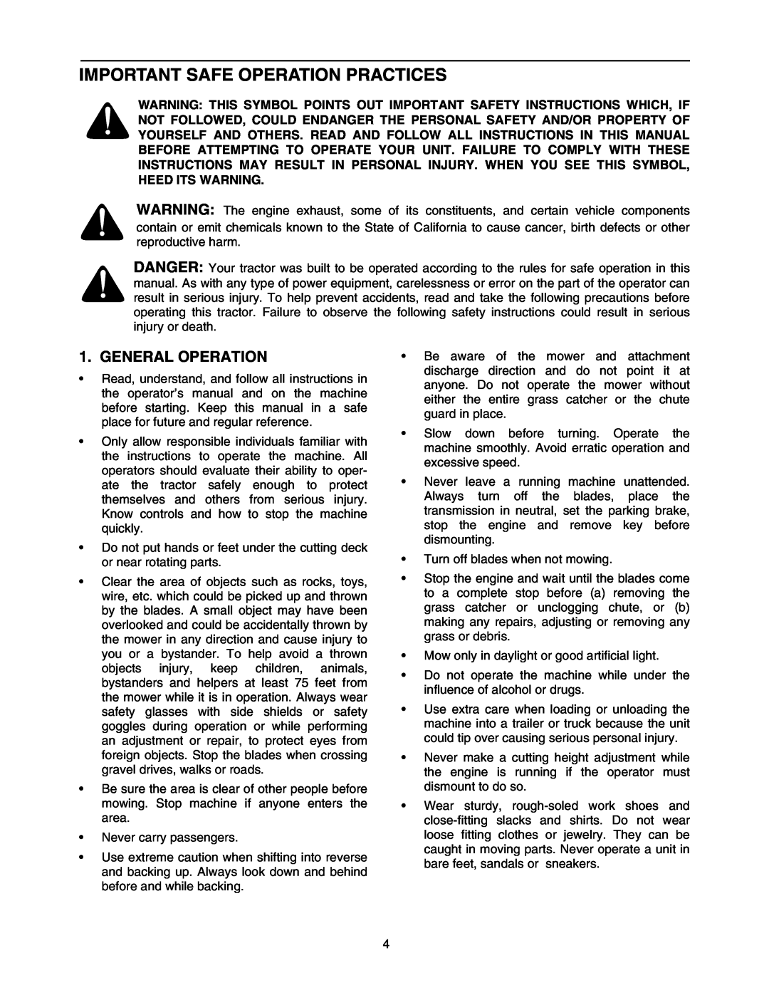 Cub Cadet 5264D manual Important Safe Operation Practices, General Operation 
