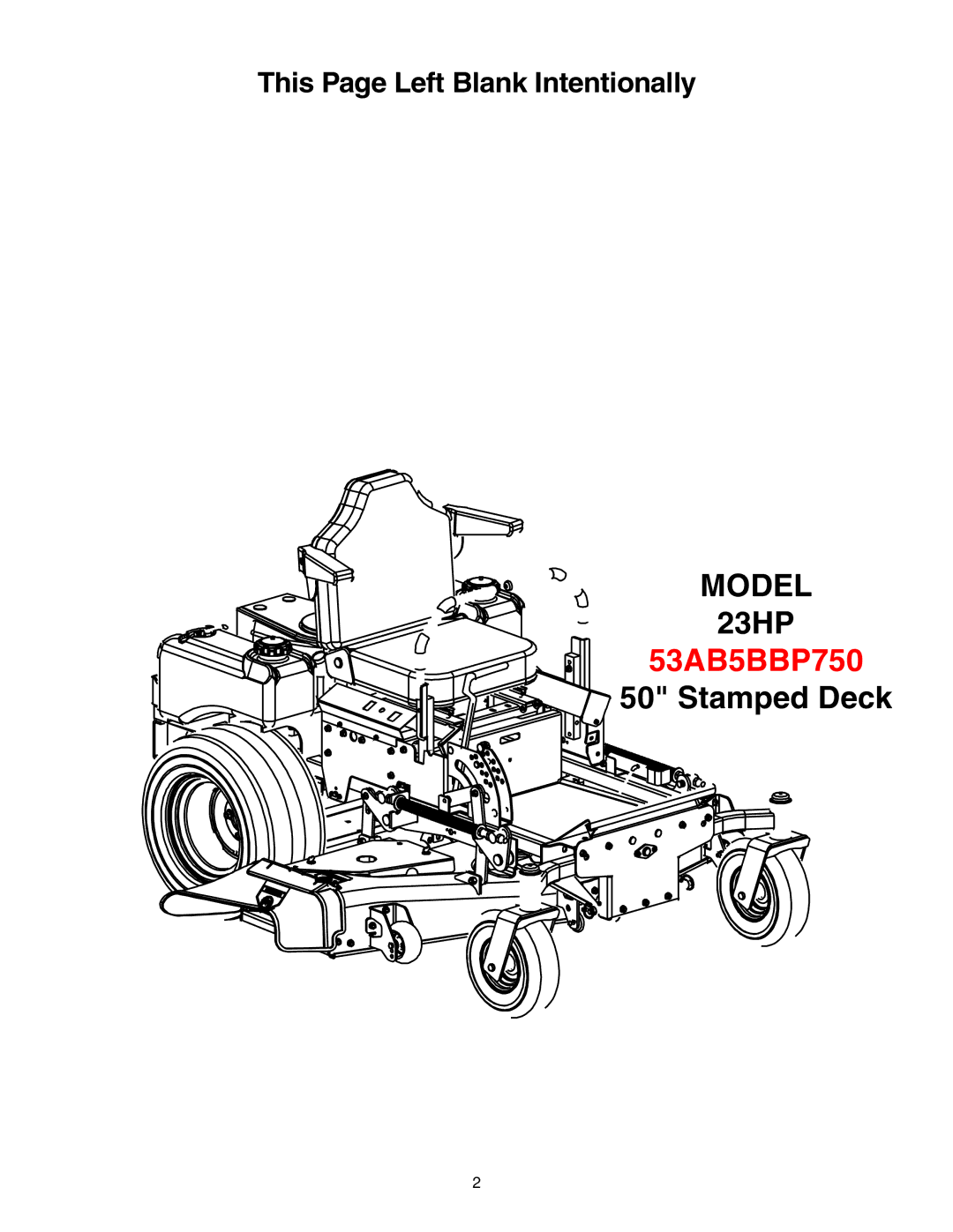 Cub Cadet 53AB5BBP750 manual This Page Left Blank Intentionally 