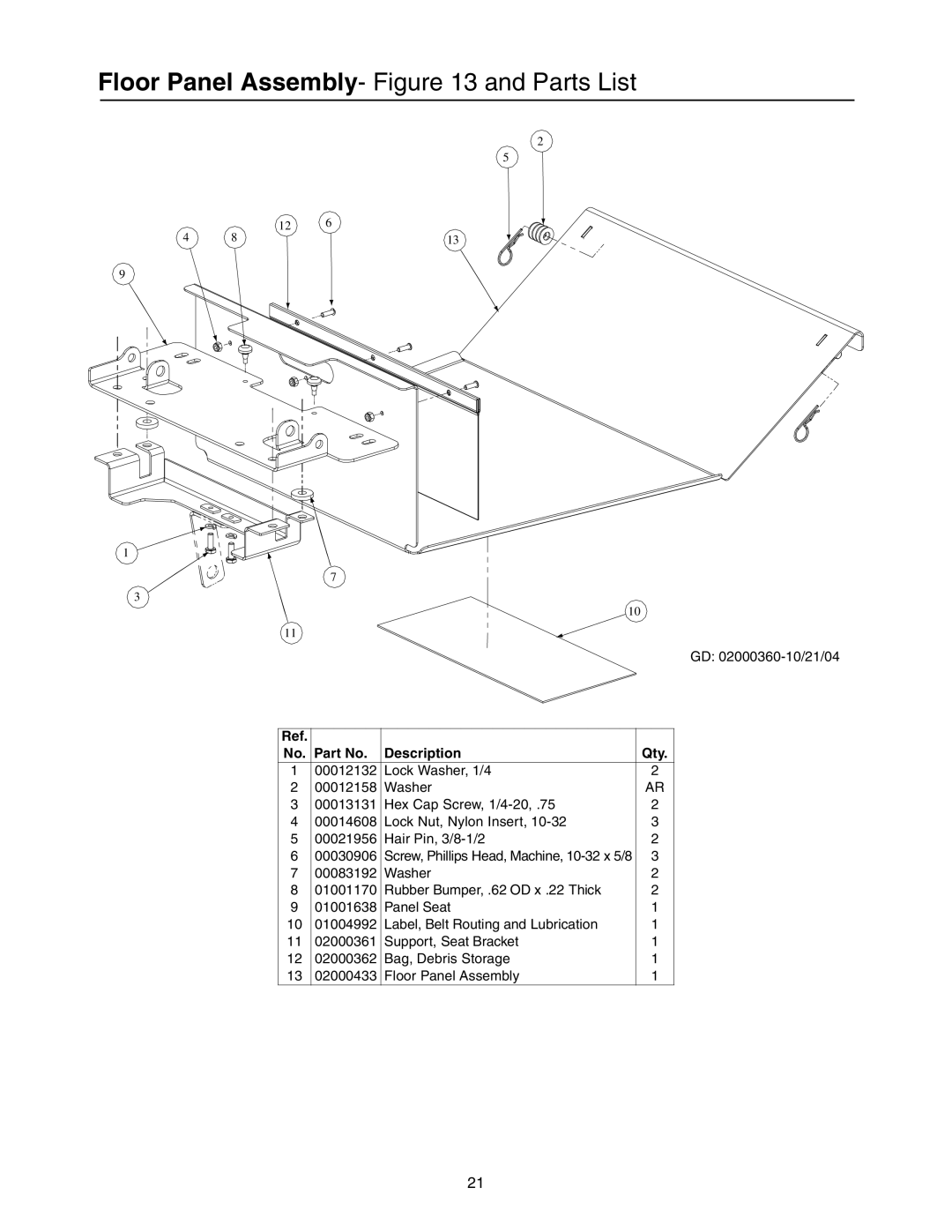 Cub Cadet 53AB5BBP750 manual Floor Panel Assembly- and Parts List 