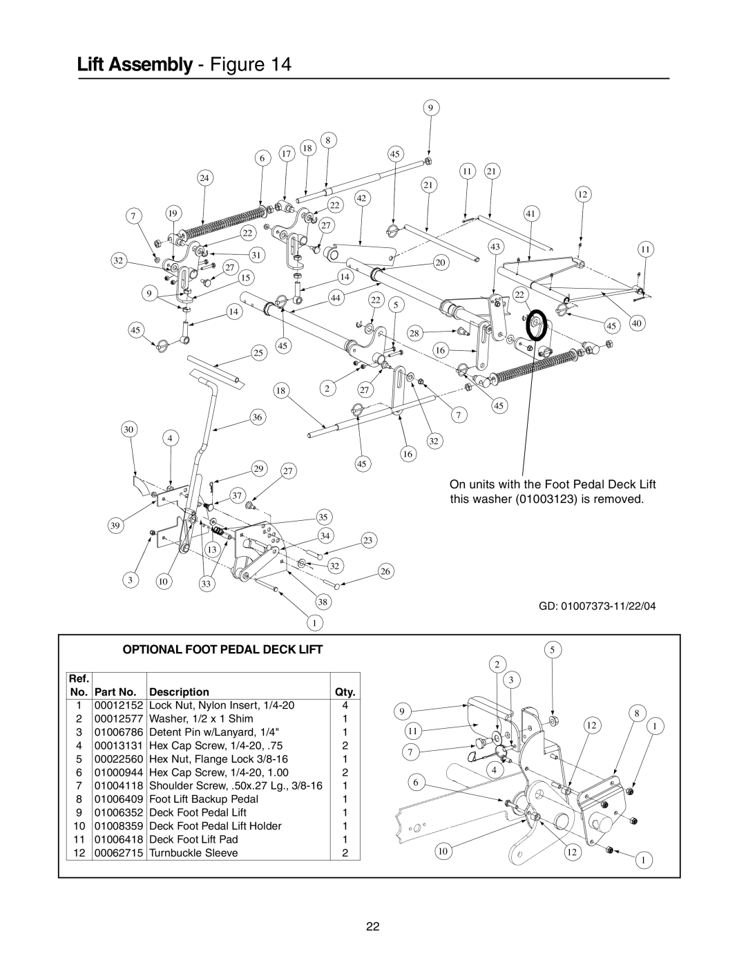 Cub Cadet 53AB5BBP750 manual Lift Assembly Figure, Optional Foot Pedal Deck Lift 