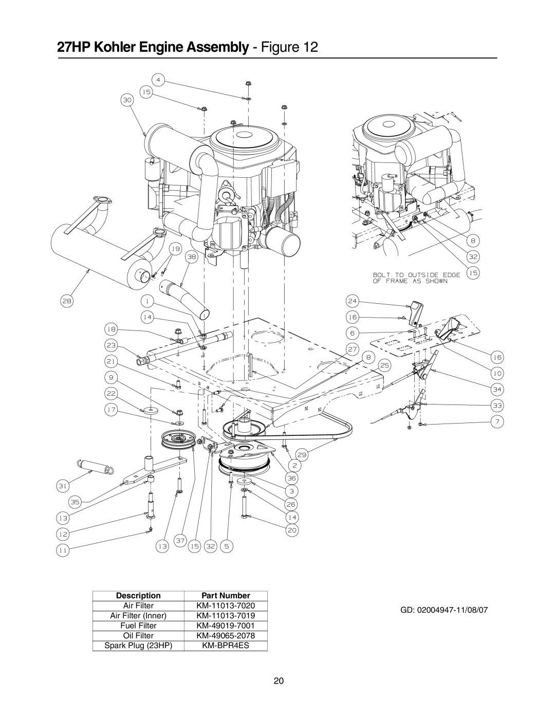 Cub Cadet 53AH8CT4050 manual 27HP Kohler Engine Assembly Figure, Description Part Number 