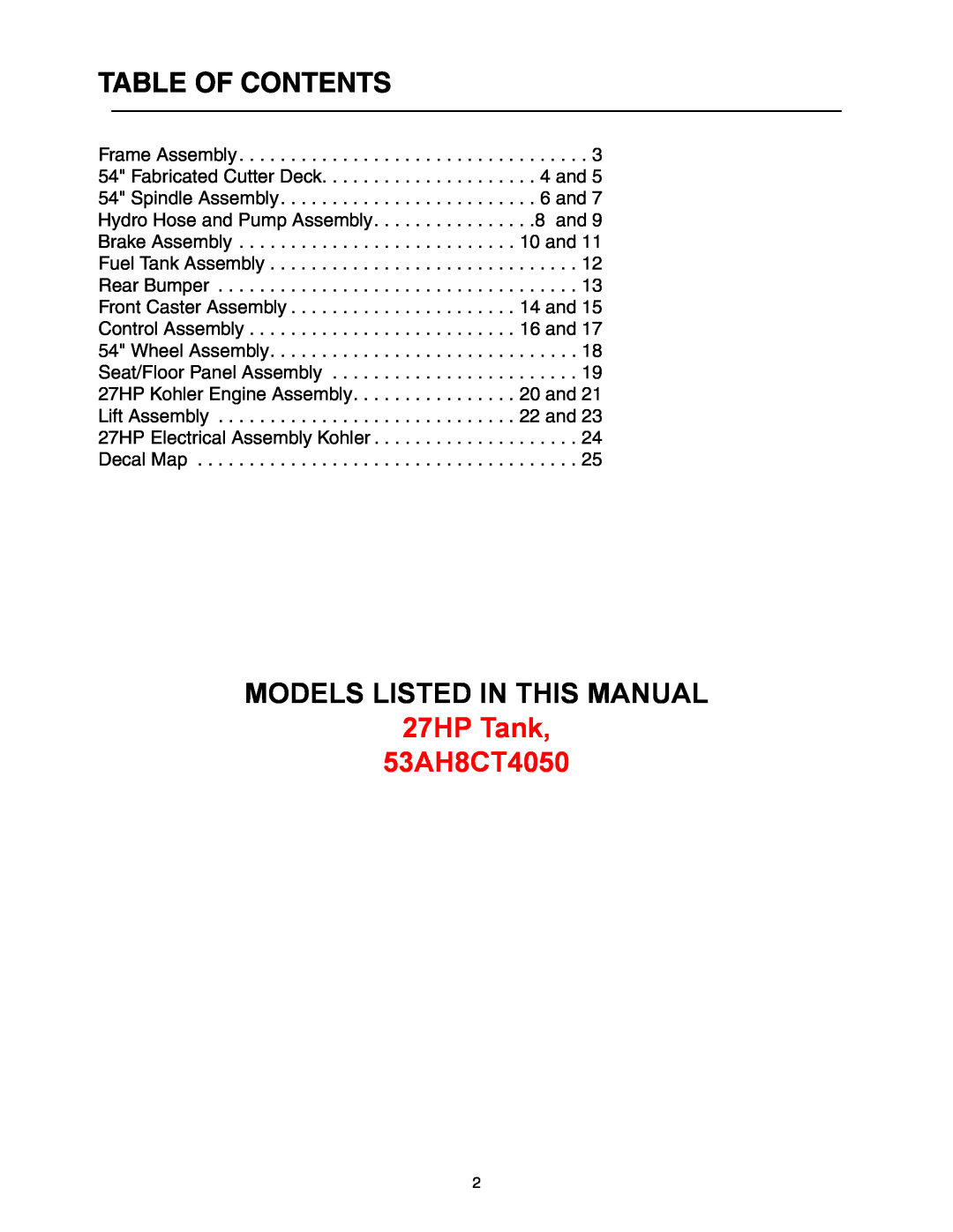 Cub Cadet manual Table Of Contents, Models Listed In This Manual, 27HP Tank 53AH8CT4050 