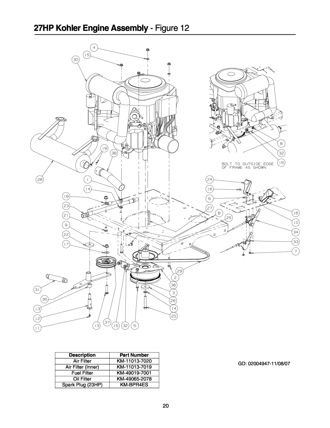Cub Cadet 53AH8CT4050 27HP Kohler Engine Assembly - Figure, Description, Part Number, Air Filter Inner, Oil Filter 