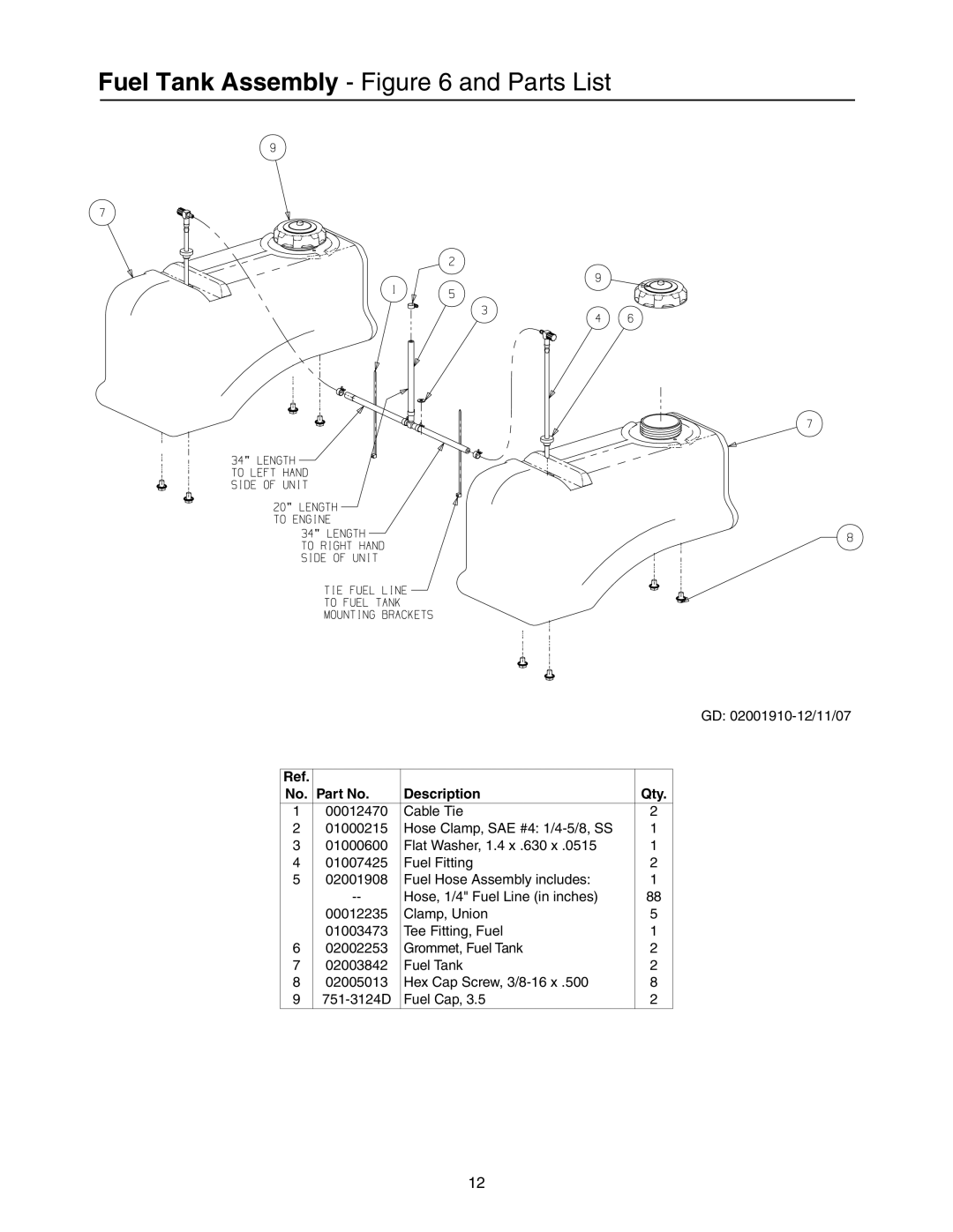 Cub Cadet 53AI8CT8050 manual Fuel Tank Assembly and Parts List 