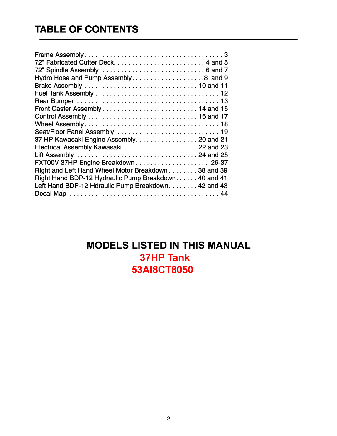 Cub Cadet manual Table Of Contents, Models Listed In This Manual, 37HP Tank 53AI8CT8050 