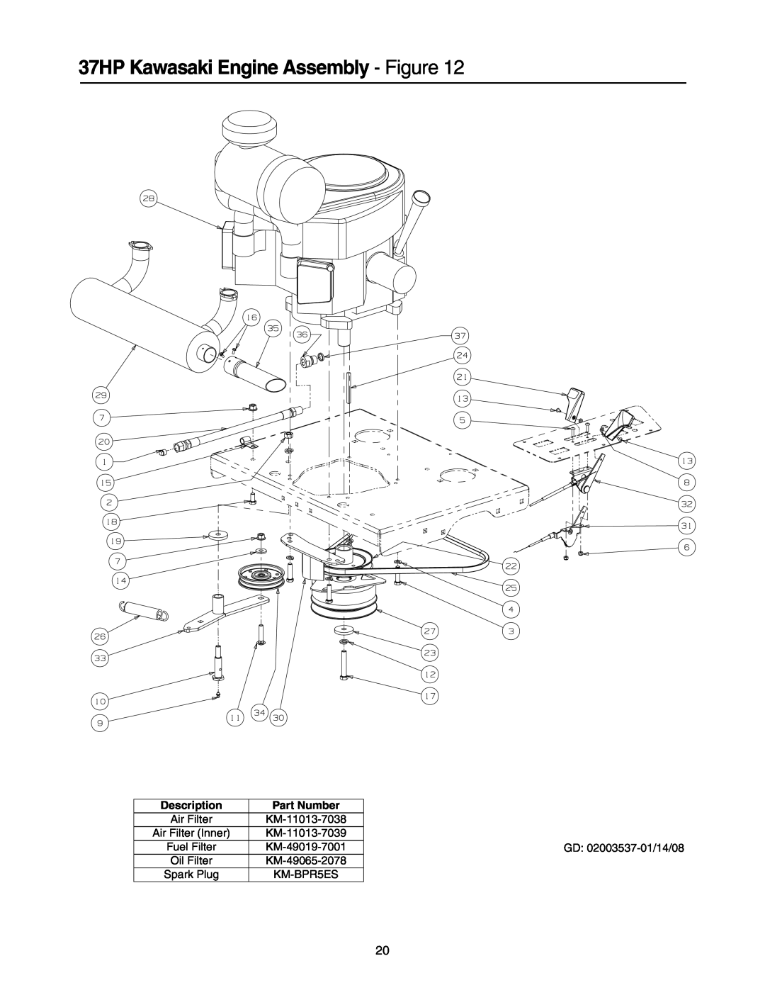Cub Cadet 53AI8CT8050 37HP Kawasaki Engine Assembly - Figure, Description, Part Number, Air Filter Inner, Fuel Filter 