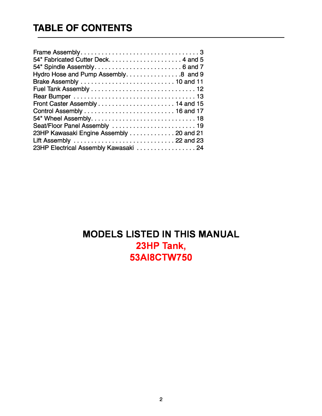 Cub Cadet manual Table Of Contents, Models Listed In This Manual, 23HP Tank 53AI8CTW750 
