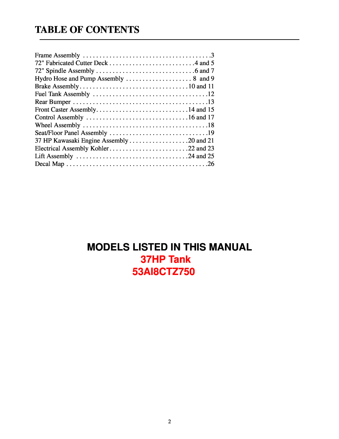 Cub Cadet manual Table Of Contents, Models Listed In This Manual, 37HP Tank 53AI8CTZ750 
