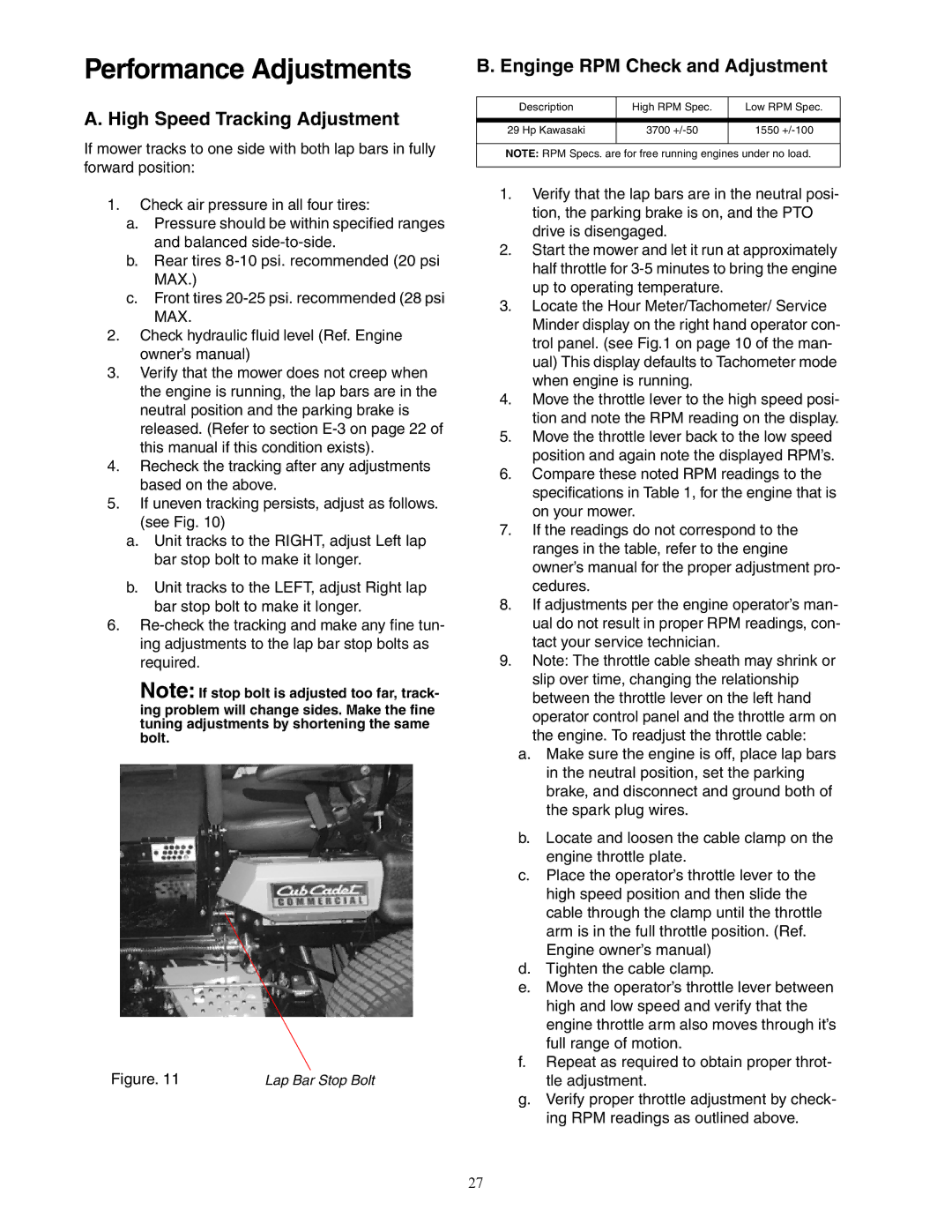 Cub Cadet 53AJ8CT6050 service manual High Speed Tracking Adjustment, Enginge RPM Check and Adjustment 