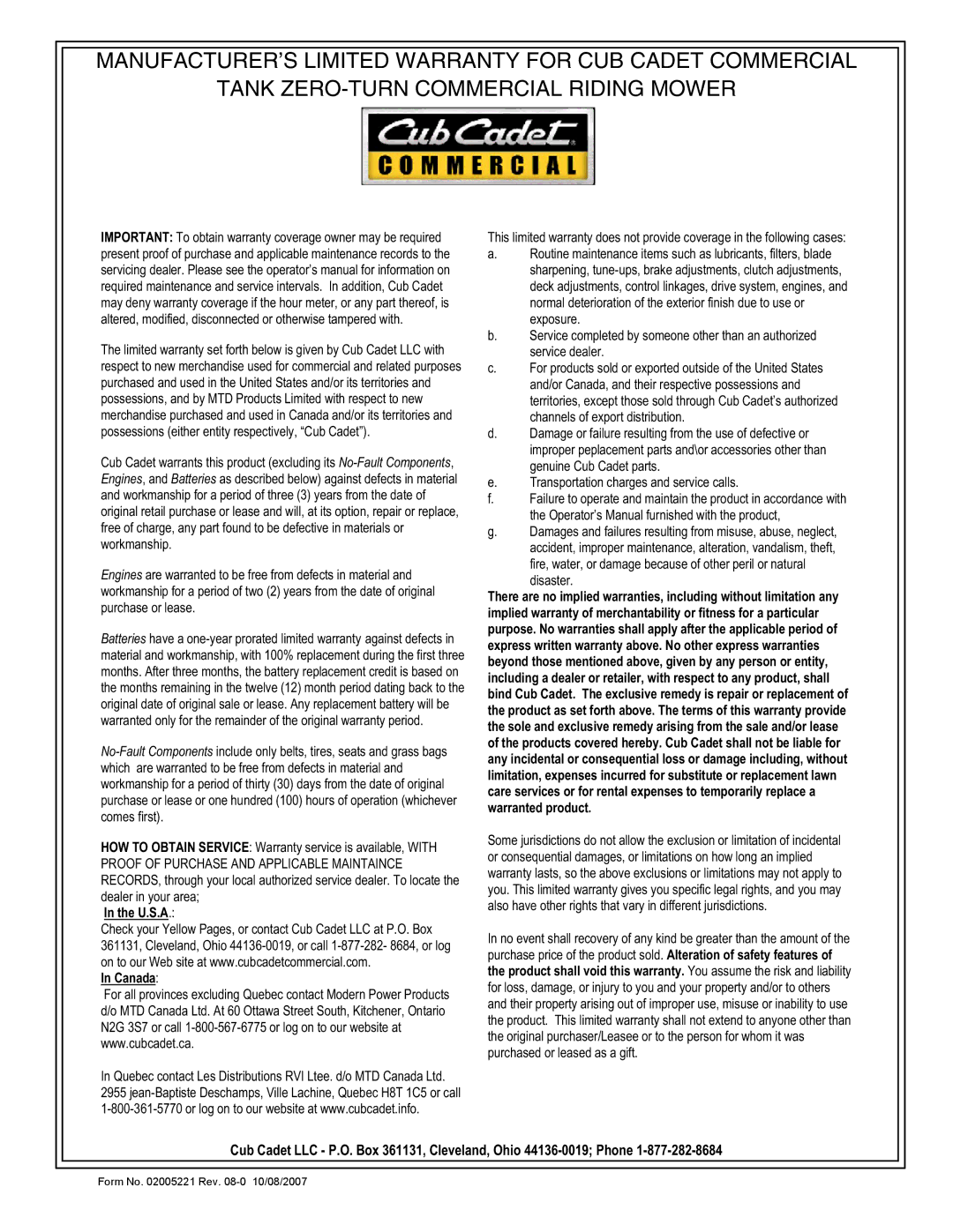 Cub Cadet 53AJ8CT6050 service manual U.S.A Canada 