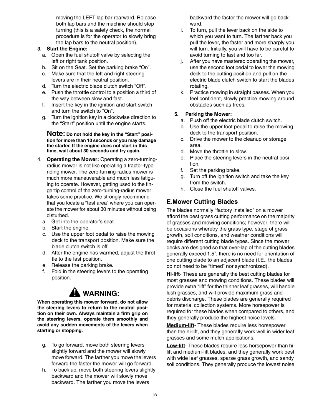 Cub Cadet 53AJ8CTX750 service manual Mower Cutting Blades, Start the Engine, Parking the Mower 