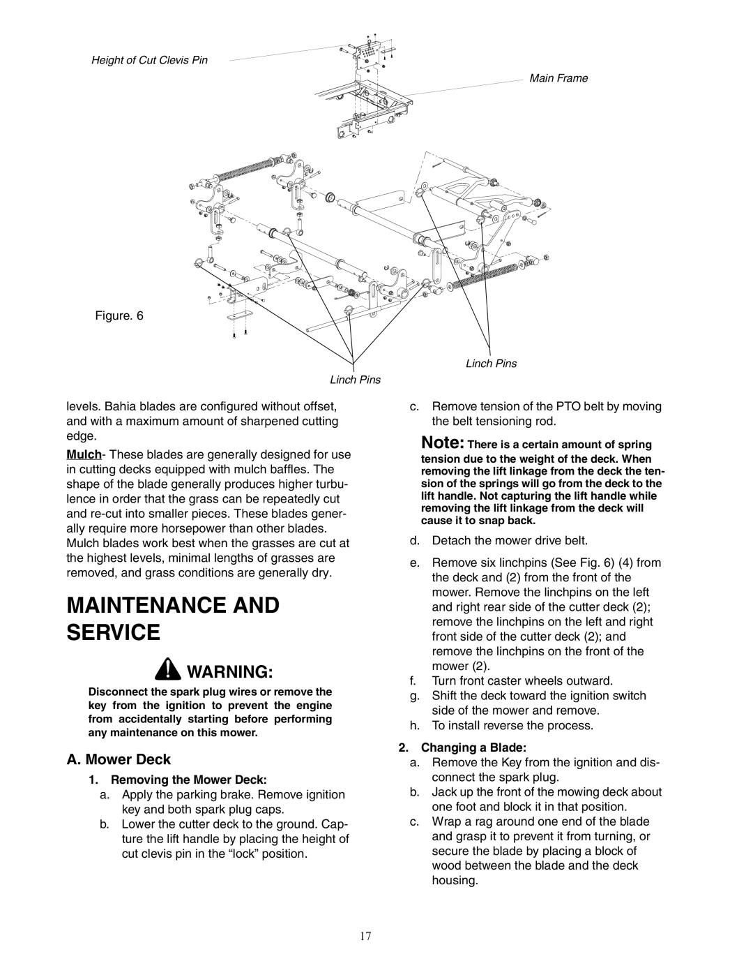 Cub Cadet 53AJ8CTX750 service manual Maintenance Service, Removing the Mower Deck, Changing a Blade 