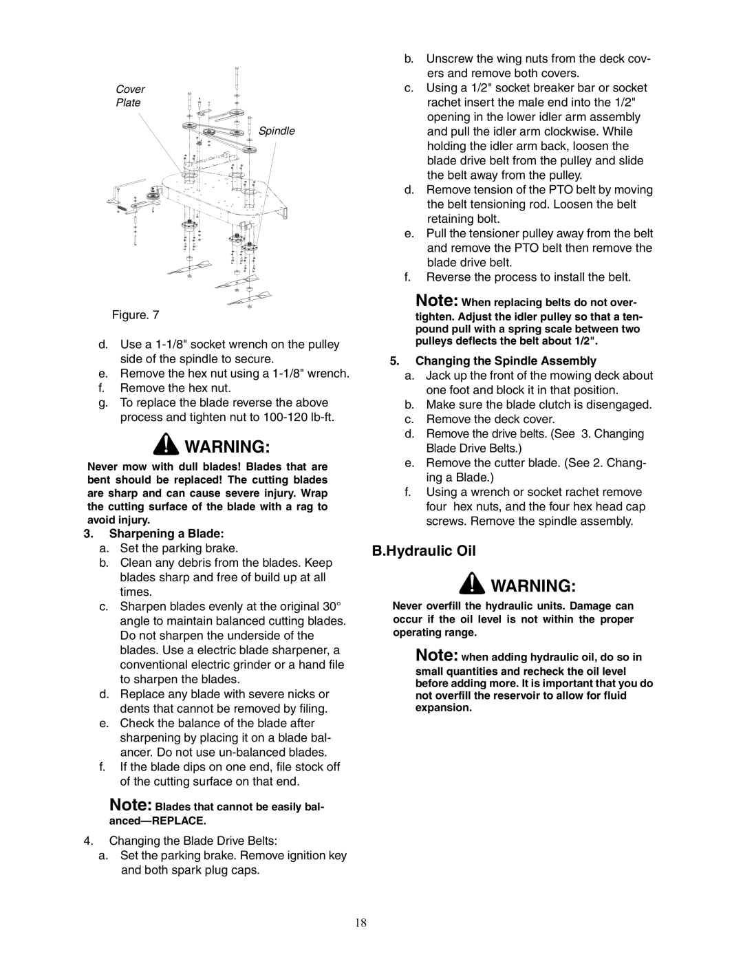 Cub Cadet 53AJ8CTX750 service manual Hydraulic Oil, Sharpening a Blade, Changing the Spindle Assembly 