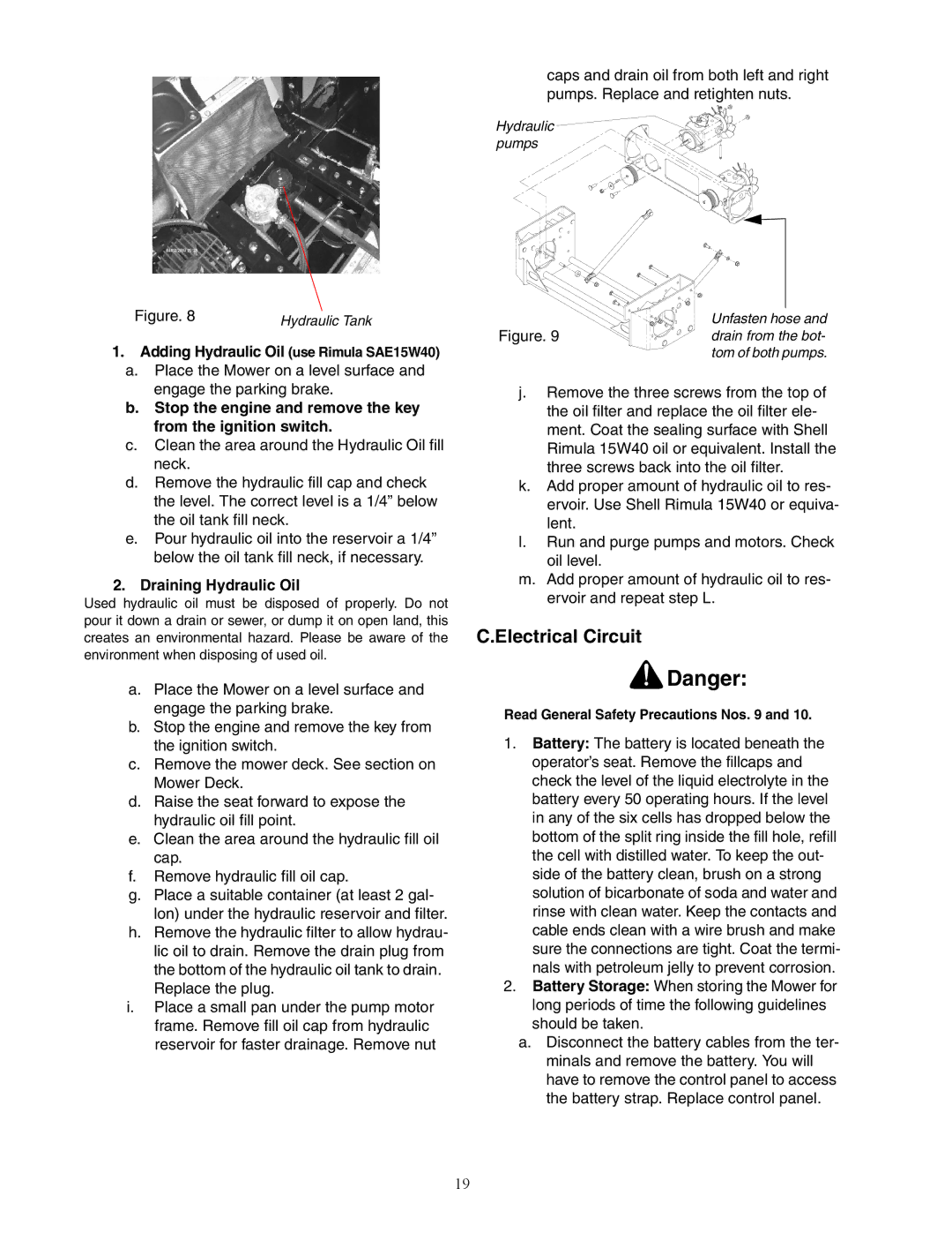 Cub Cadet 53AJ8CTX750 service manual Electrical Circuit, Adding Hydraulic Oil use Rimula SAE15W40, Draining Hydraulic Oil 