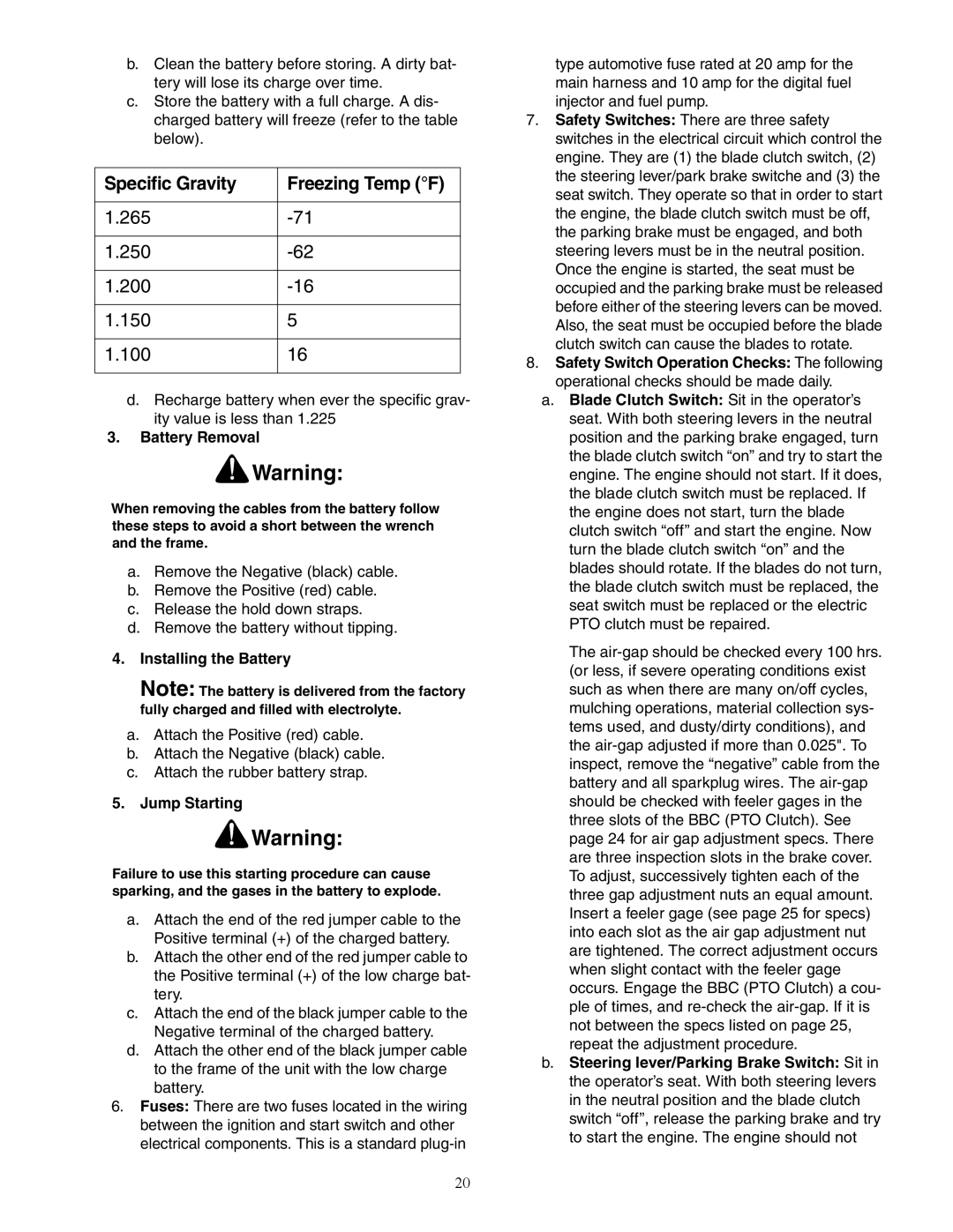 Cub Cadet 53AJ8CTX750 Specific Gravity Freezing Temp F, Battery Removal, Installing the Battery, Jump Starting 