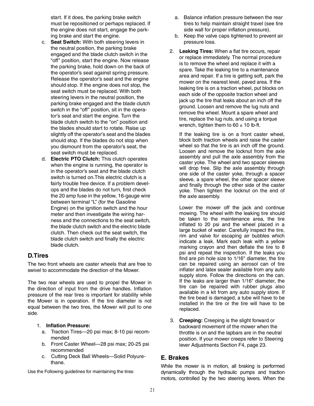 Cub Cadet 53AJ8CTX750 service manual Tires, Brakes, Inflation Pressure 