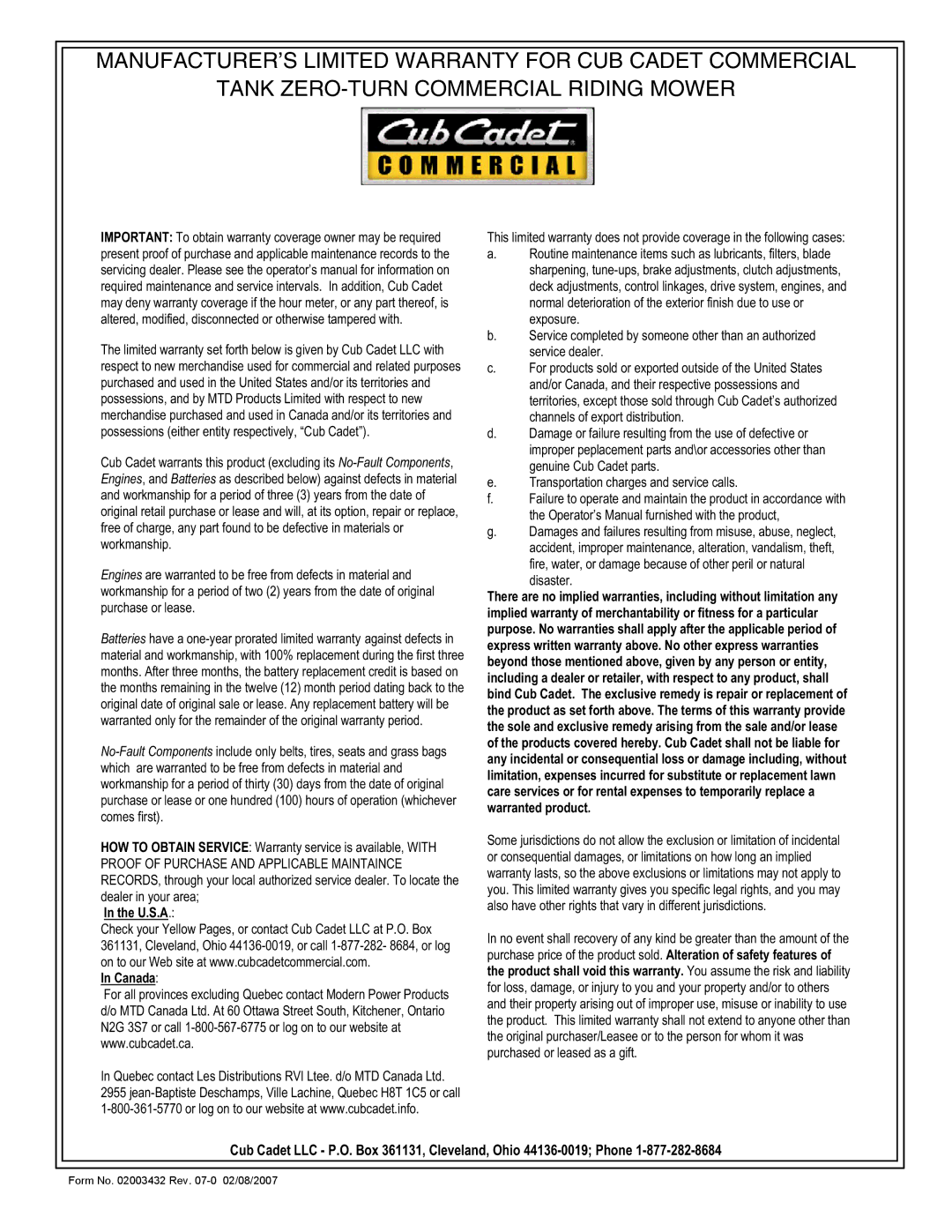 Cub Cadet 53AJ8CTX750 service manual U.S.A Canada 